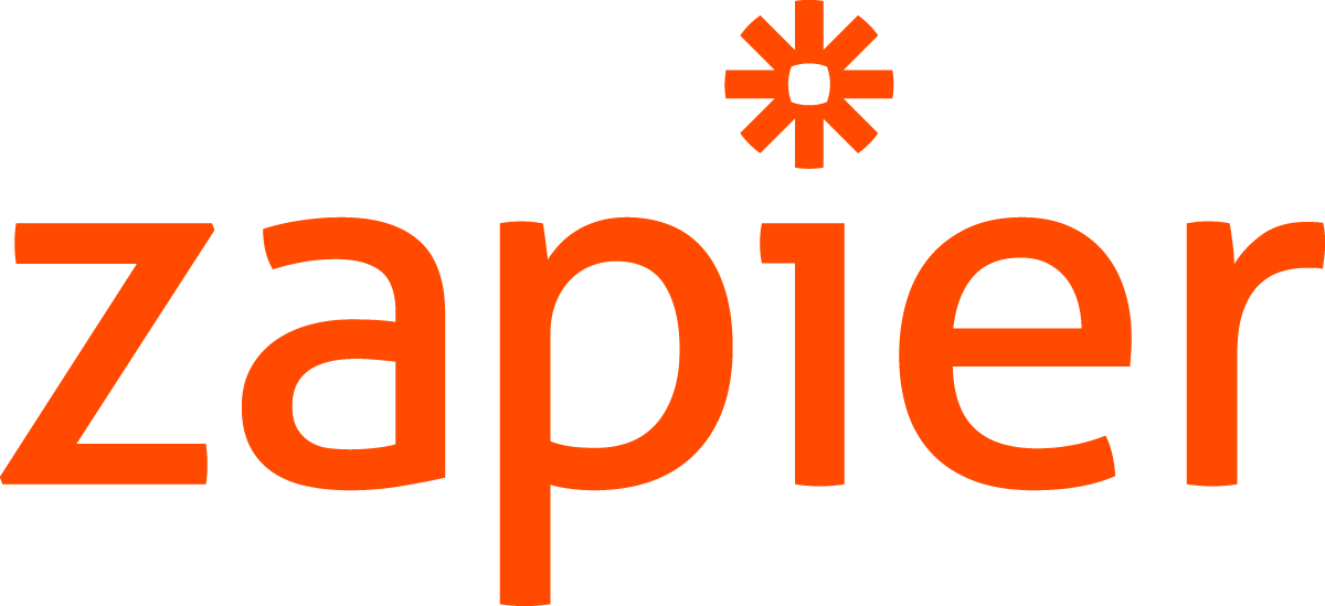 Das Logo besteht aus dem Wort 'zapier' in orange Buchstaben mit einem orangefarbenen Symbol über dem Buchstaben 'i', das eine Sternform mit einem schwarzen Quadrat in der Mitte ist.