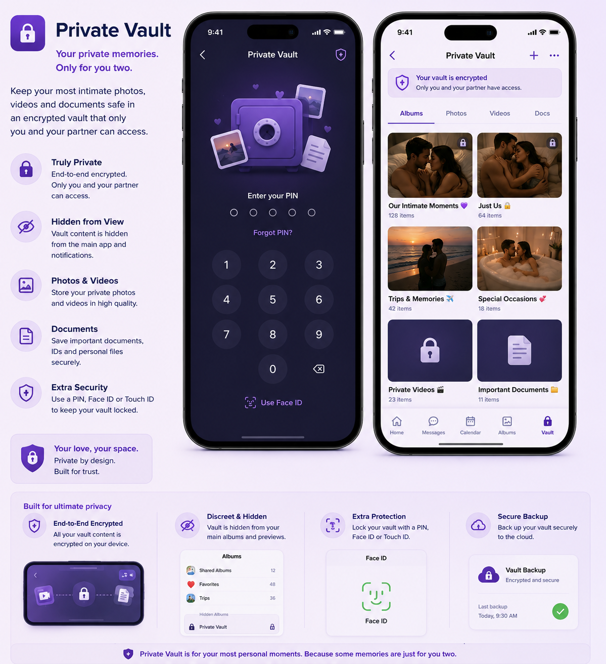 Smartphone app screens showcasing a private vault with features like encryption, PIN, Face ID, and categorized photos, videos, and documents.