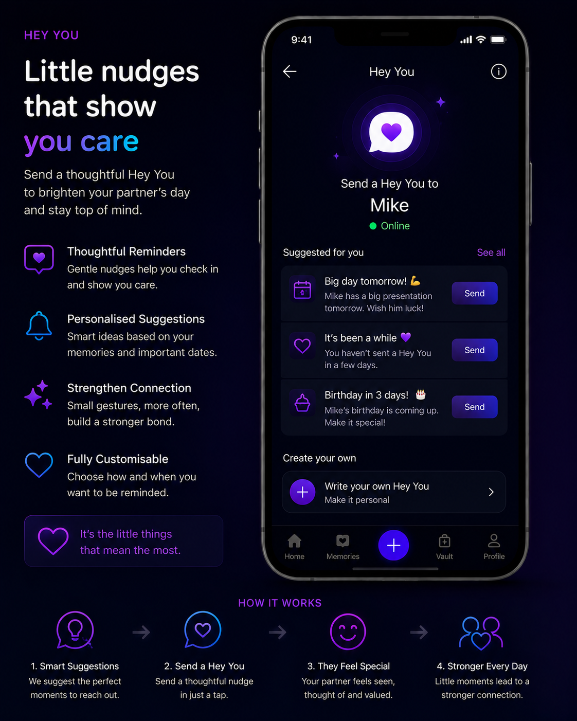 A promotional image showing a smartphone app called Hey You, which allows users to send thoughtful, personalized reminders and messages to their partners to strengthen relationships. The app features quick nudges like birthday reminders, personalized