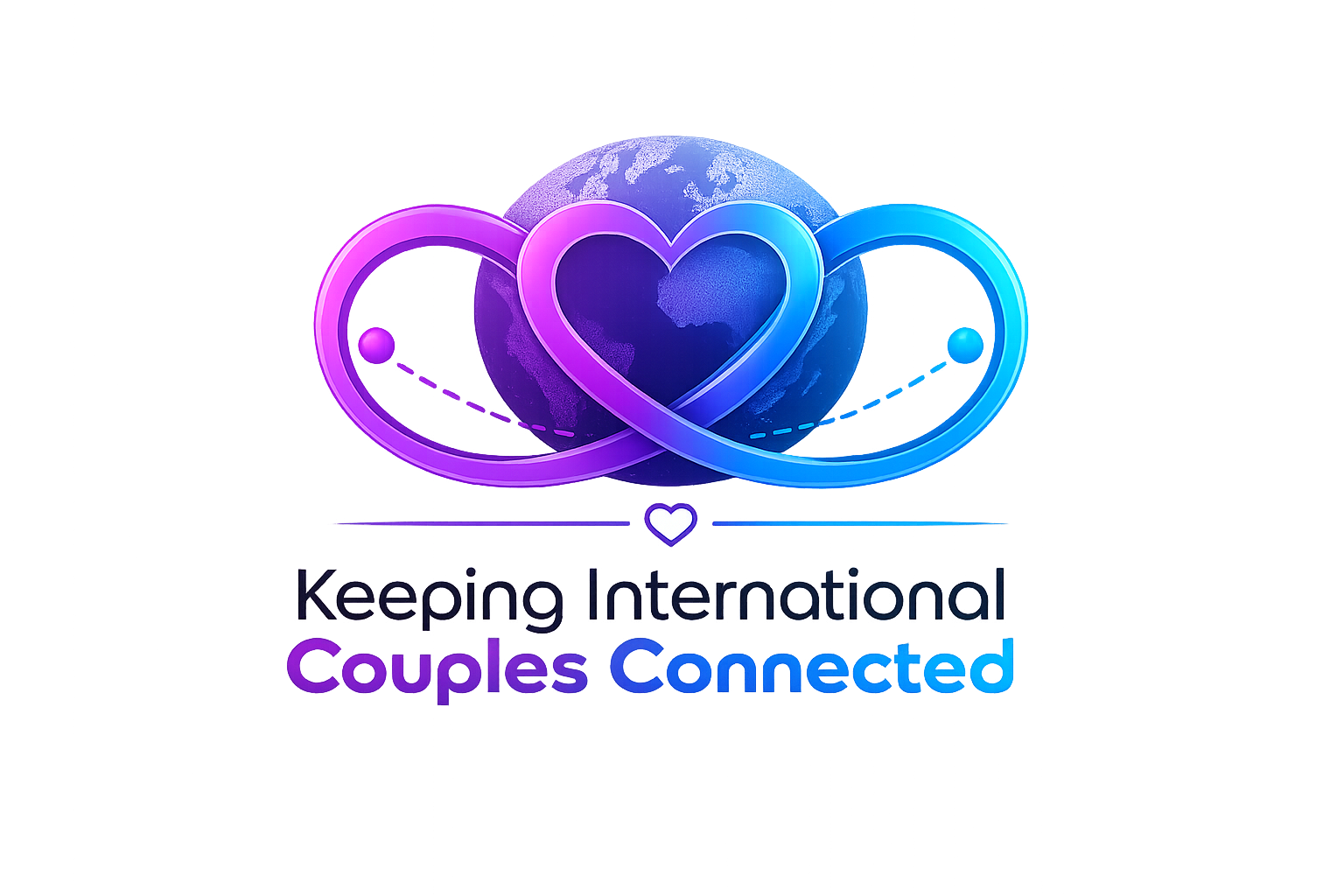 Graphic with a globe in the background, intertwined purple and blue hearts, and the text "Keeping International Couples Connected".