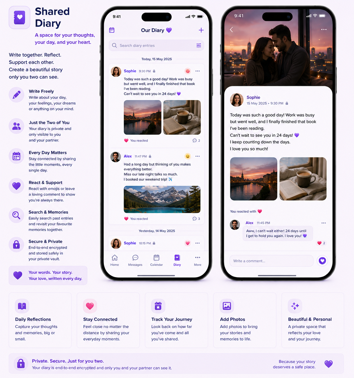 Promotional display of the Shared Diary app, featuring two smartphone screens showing a diary entry and a romantic photo, with descriptive text highlighting app features like private journaling, sharing, and support.