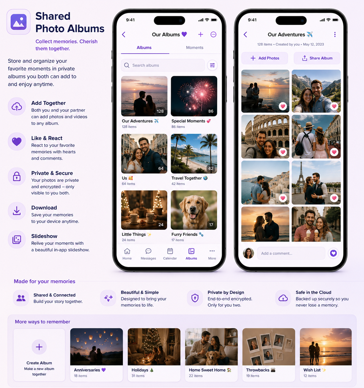 Screenshot of a shared photo albums app interface with features like organizing memories, adding photos, reacting to photos, secure privacy, and slideshow options. The app displays albums such as 'Our Adventures,' 'Special Moments,' 'Us,' 'Travel Tog