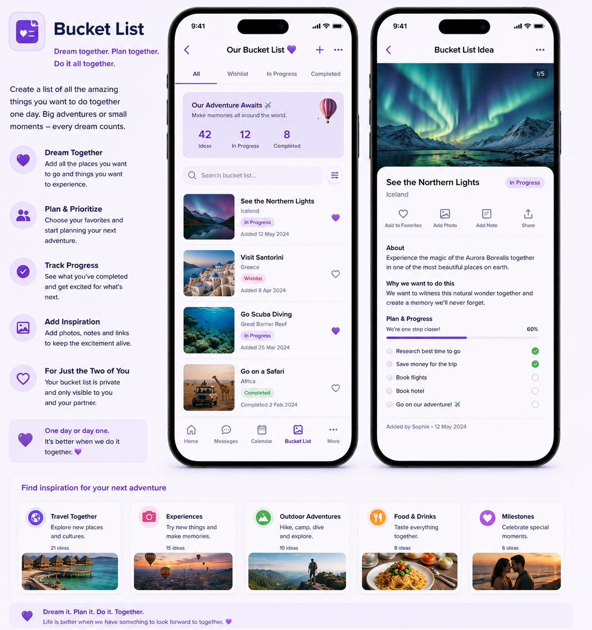 Screenshots of a travel bucket list app on a smartphone, showing a list of travel ideas including seeing the Northern Lights in Iceland, visiting Santorini in Greece, and going scuba diving at the Great Barrier Reef, with options to add to favorites,