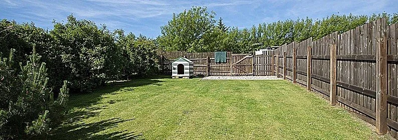 A backyard with a grassy lawn, a wooden fence, and a small dog house.