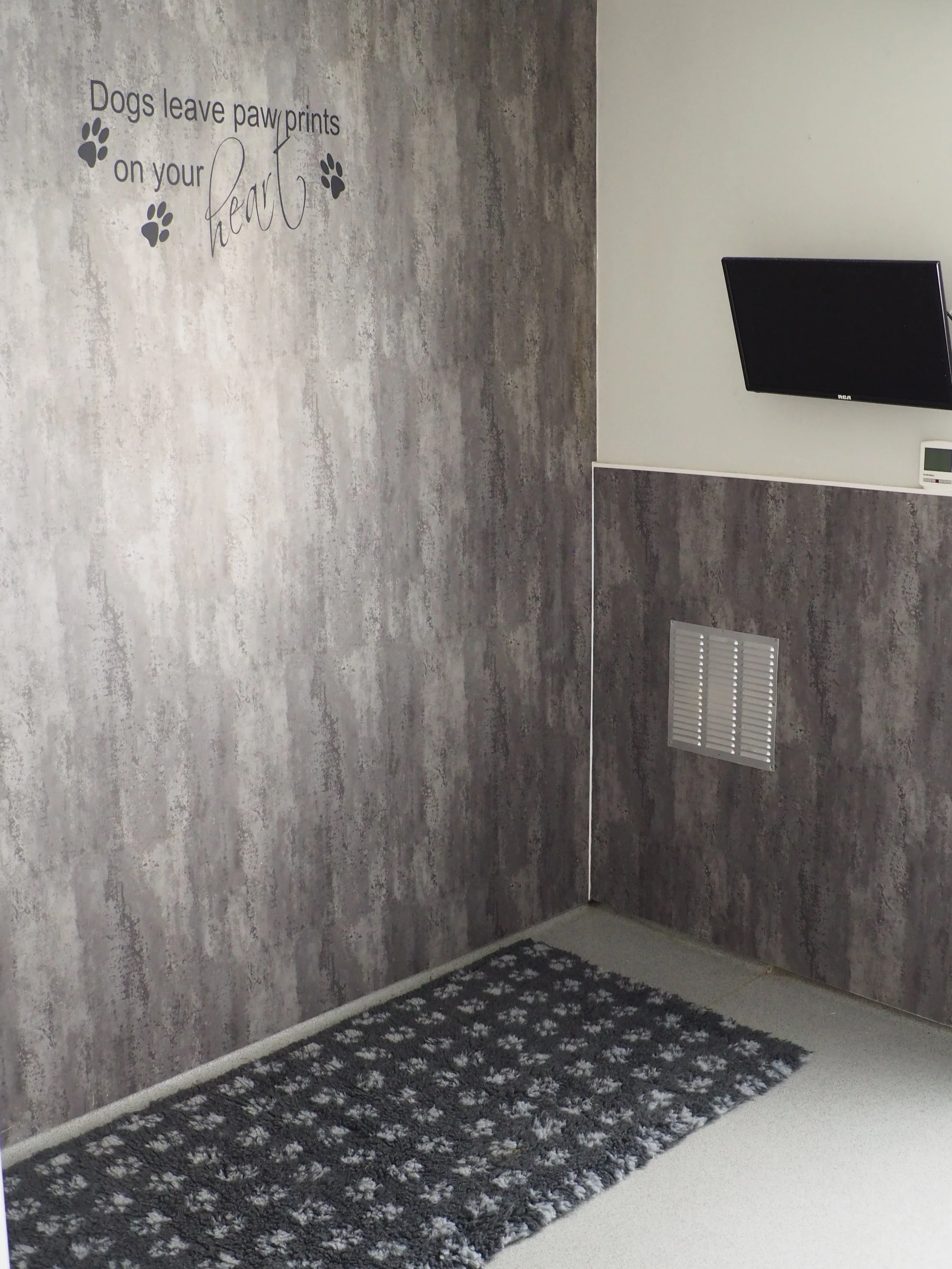 A gray textured wall with black text that reads, 'Dogs leave paw prints on your heart,' accompanied by paw print graphics. A flat-screen TV is mounted on the right side of the wall, and below it is a small heating or cooling vent. The floor is covered with a patterned black and white rug.
