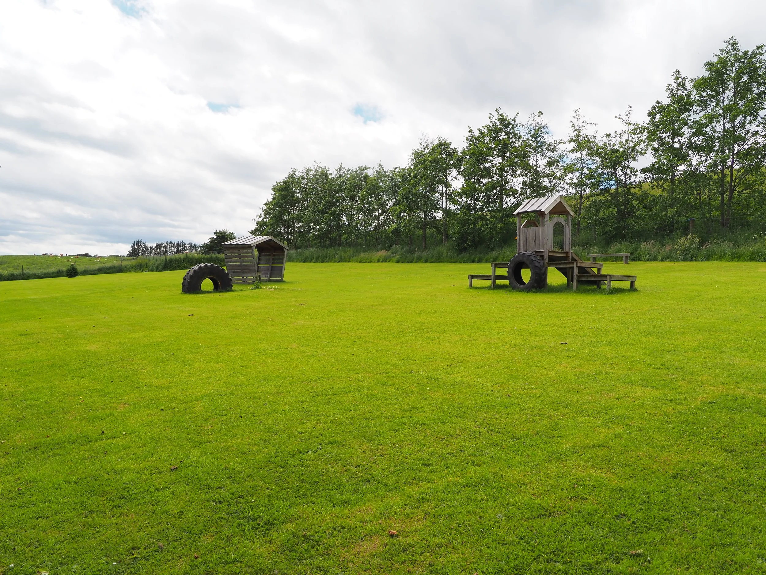 A grassy field with playground equipment including two small wooden structures with roofs and tires, and a bench, with a background of trees and an overcast sky.