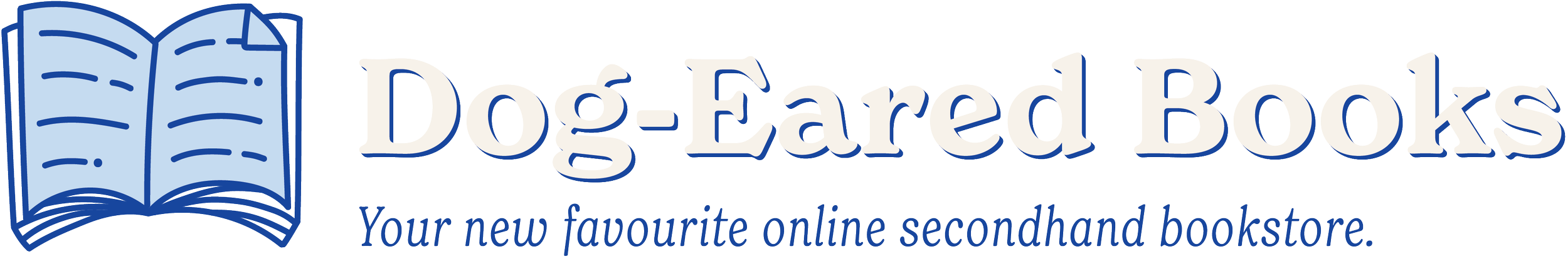 Logo lockup with an open book and the words 'Dog-Eared Books: Your new favourite online secondhand bookstore'