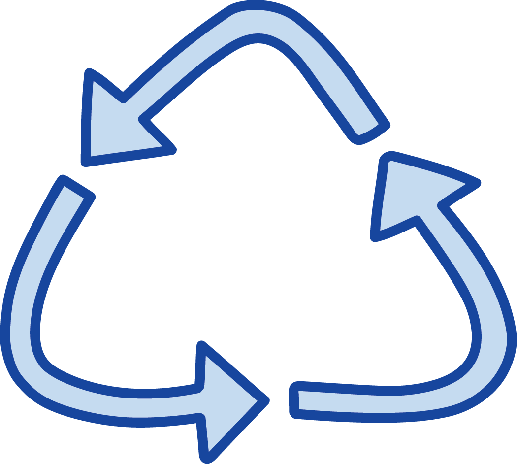 Drawing of a three-arrowed triangle, representing reduce, reuse, recycle