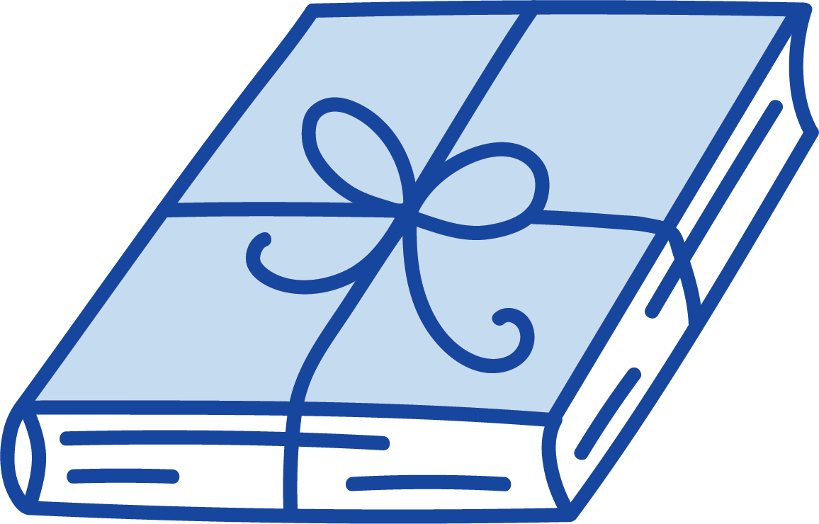 Drawing of a book wrapped up with a bow on top
