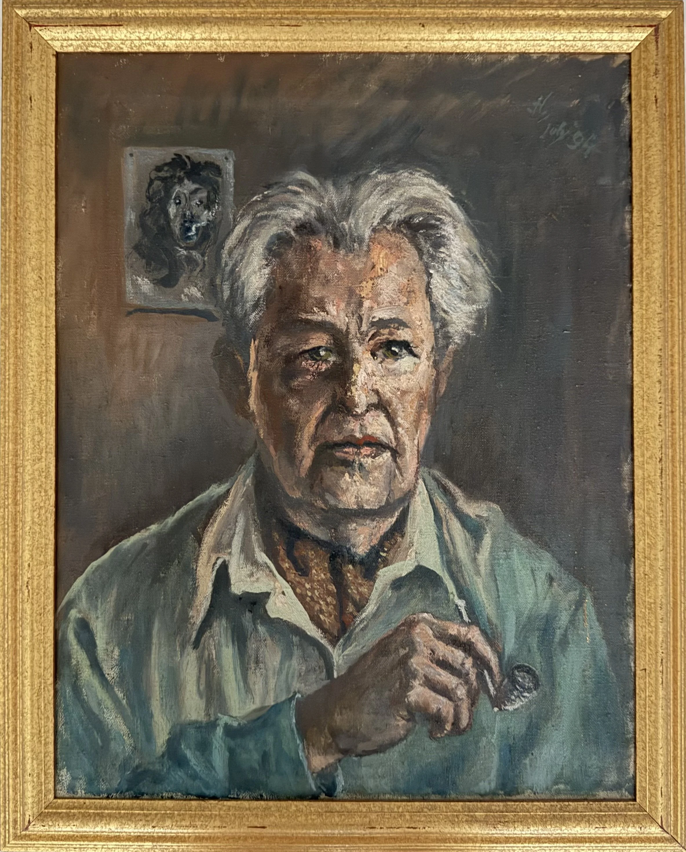 Self portrait: Artist with pipe. Oil on canvas (19"x15"). July, 1994