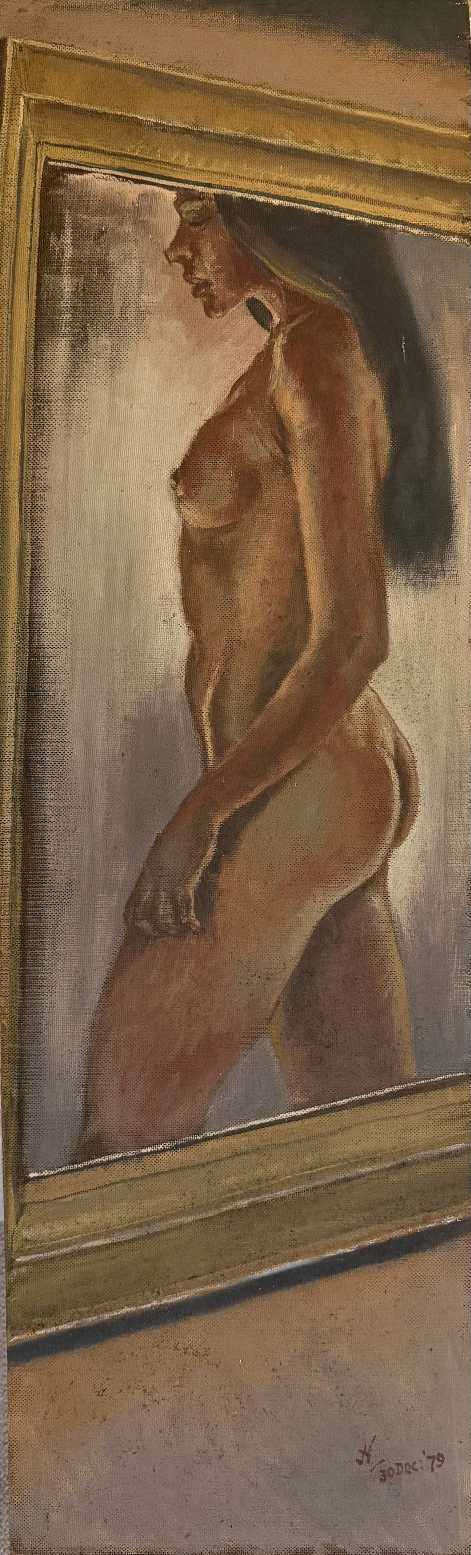 Side #2: Nude reflected in mirror. Acrylic on board (48"x14.5"). 30th December, 1979