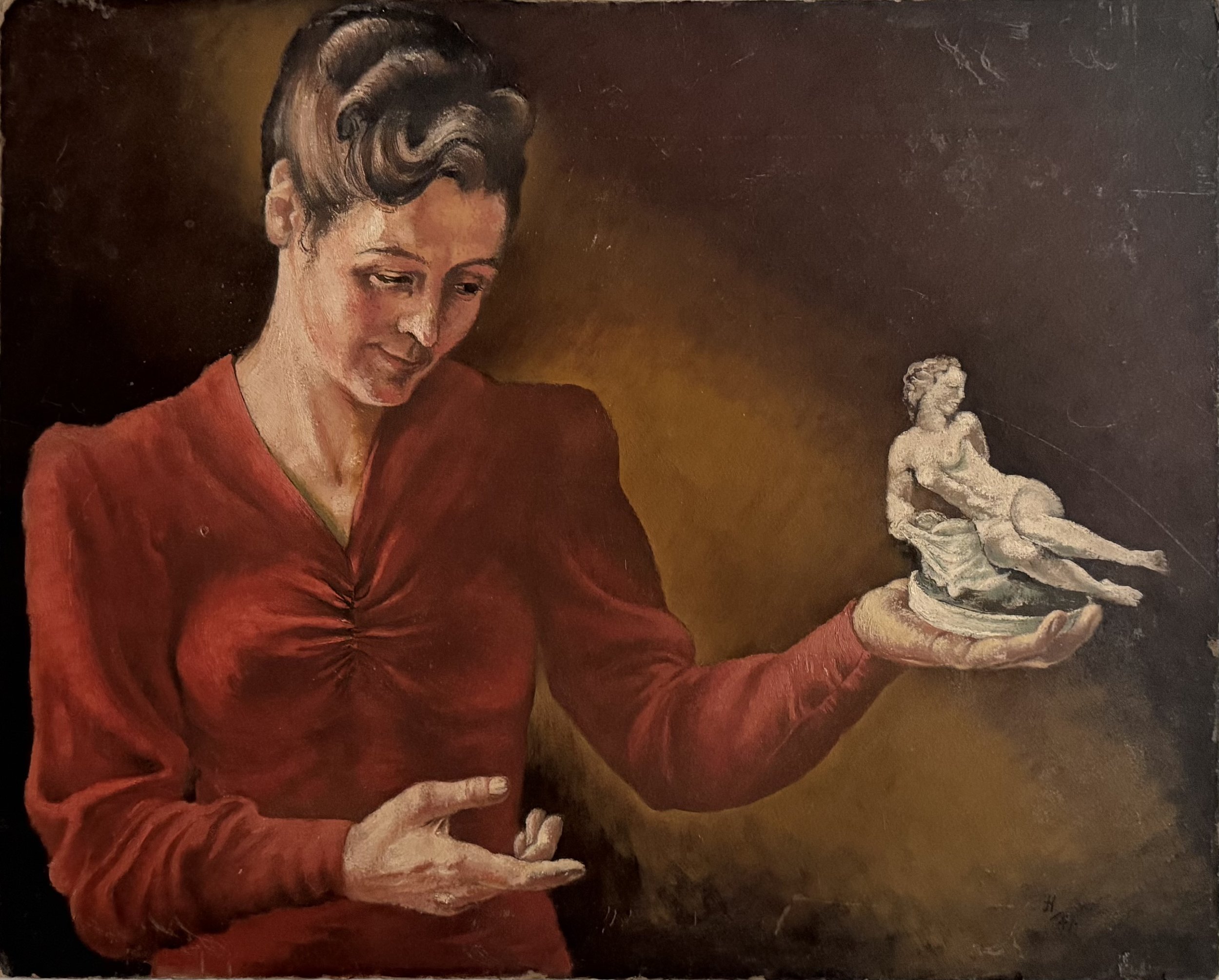 Woman with figurine. Acrylic on board (21.5"x17"). 1947