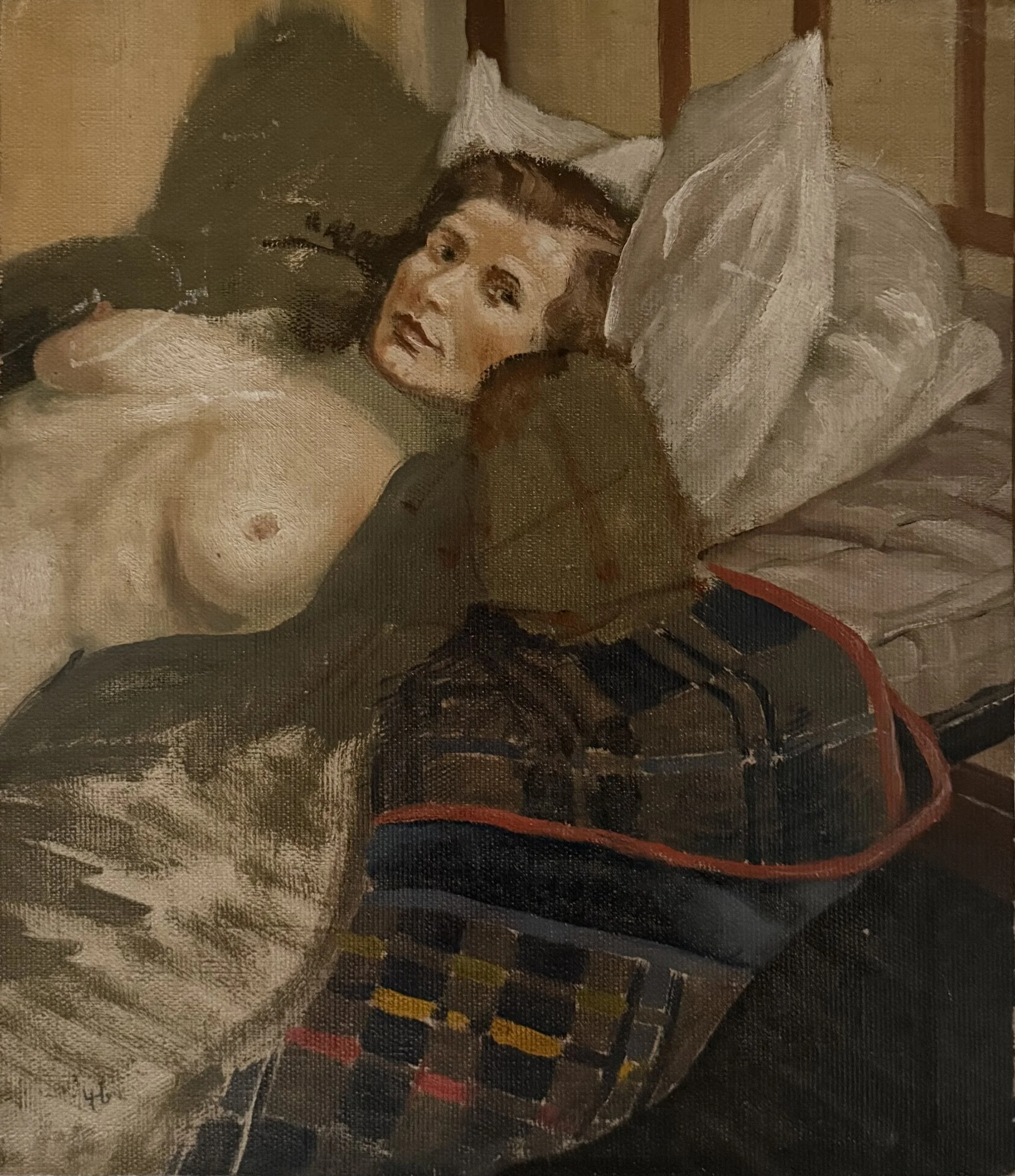 Lounging female nude. Acrylic on board (13.5"x11.75"). 1946