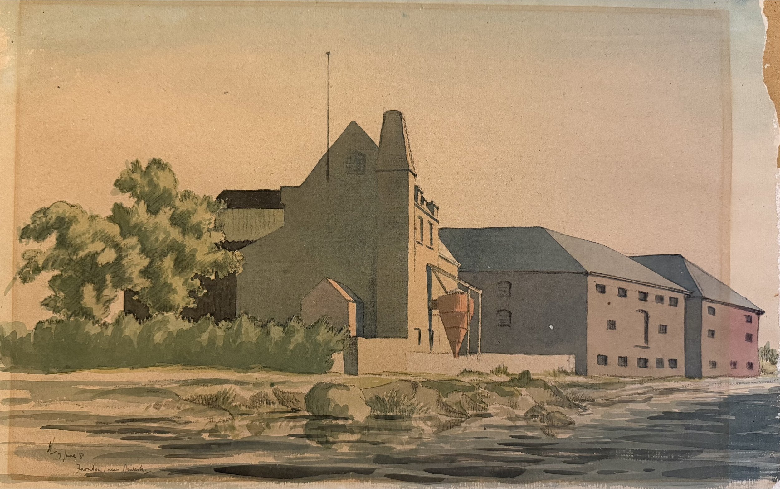 Malting warehouses, Farndon near Newark. Ink & watercolour on paper (20"x12.5"). 
7th June, 1957