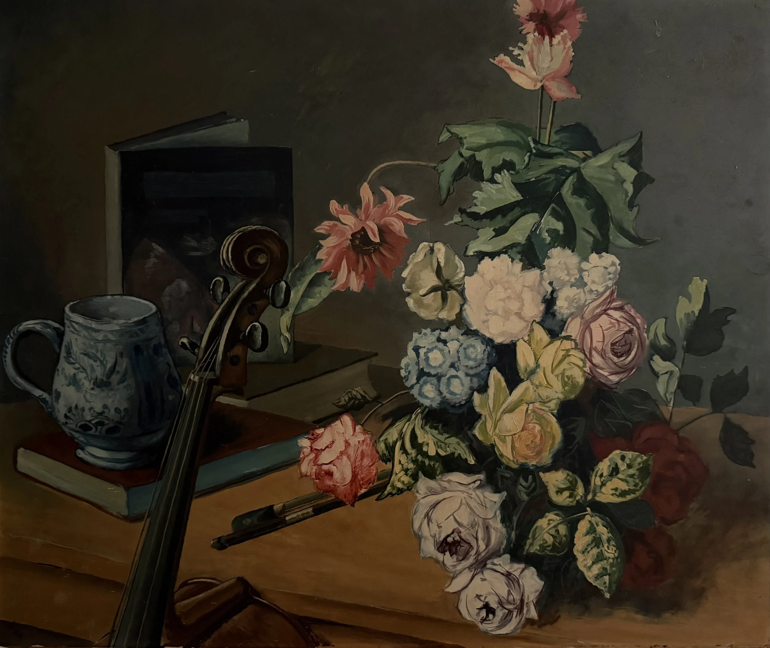 Still life, Flowers & Violin. Oil on board (32"x27")
1965