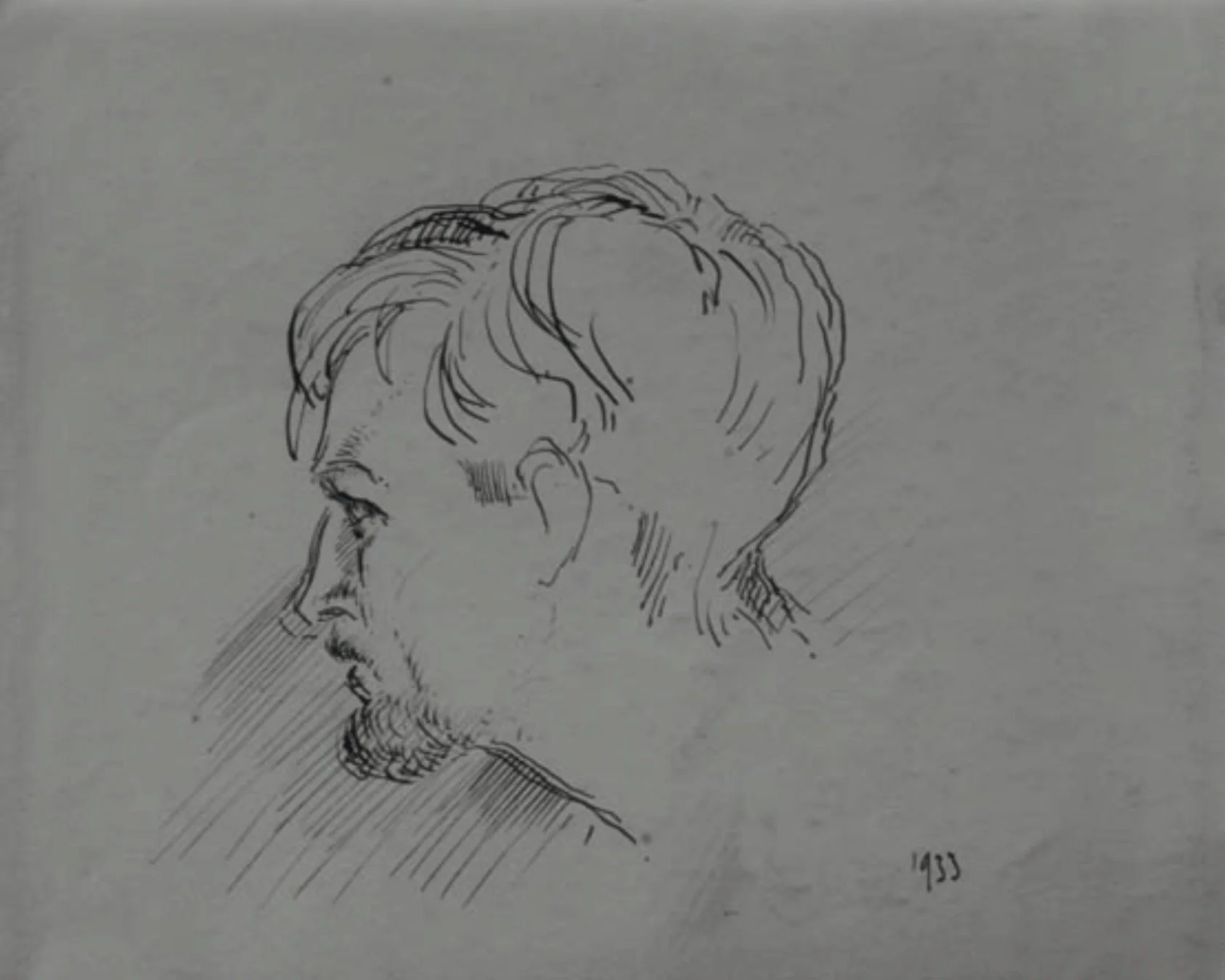 Black and white sketch of a man's profile, with detailed hair, beard, and features, signed with the year 1933.