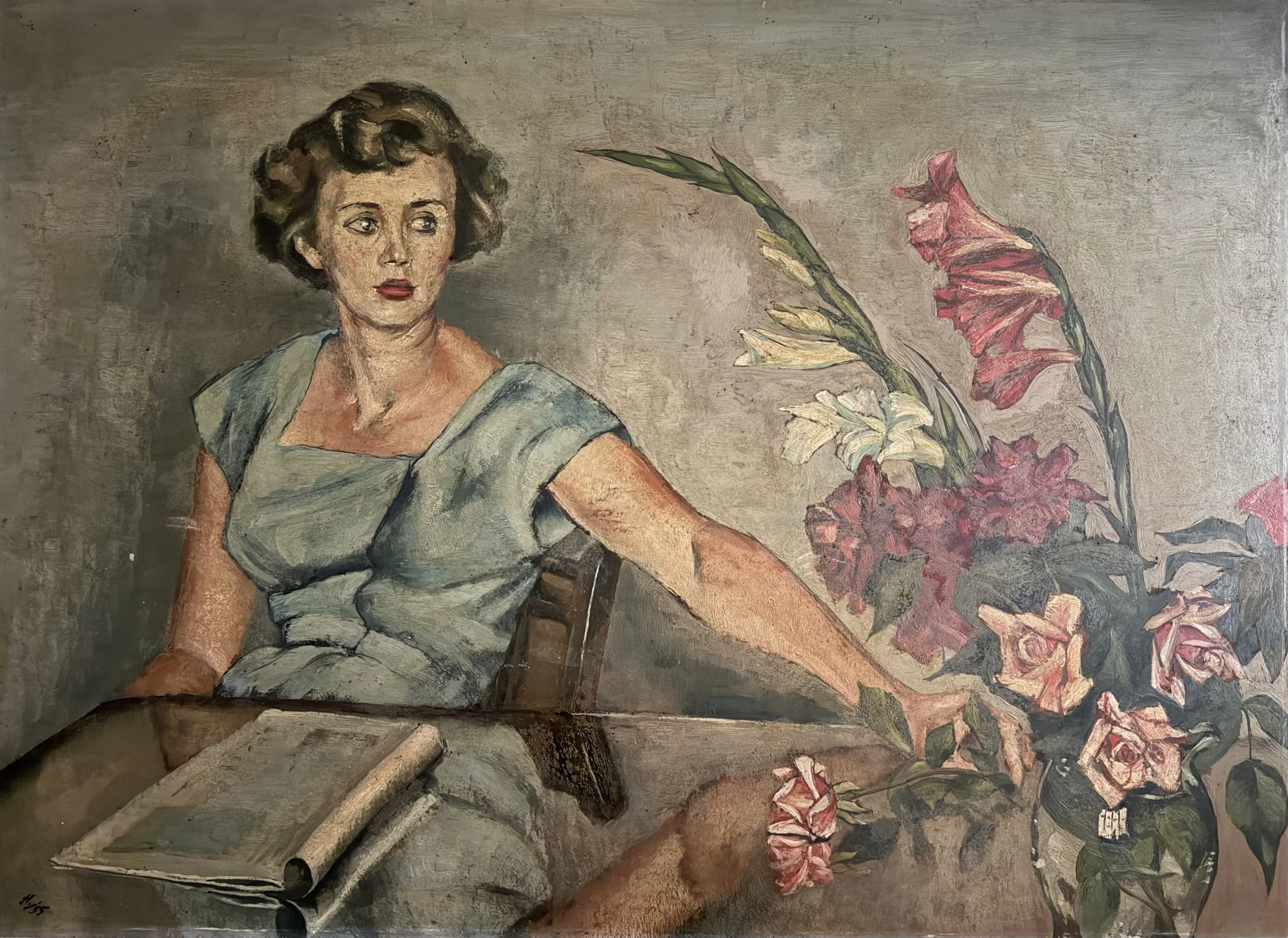 Seated woman with flowers. oil on board (36"x26"). 1955