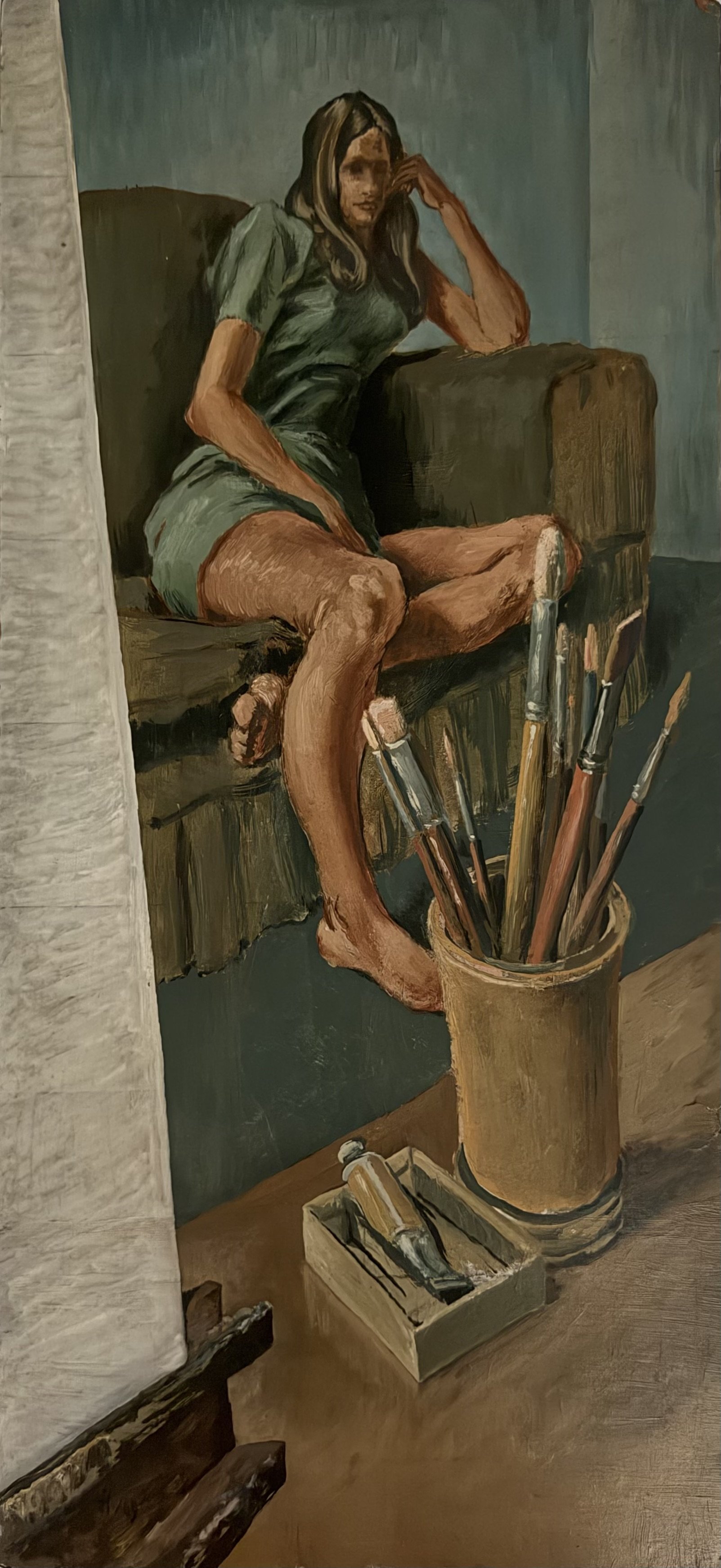 Seated woman at home #2. Oil on board (30.25"x14"). 1969