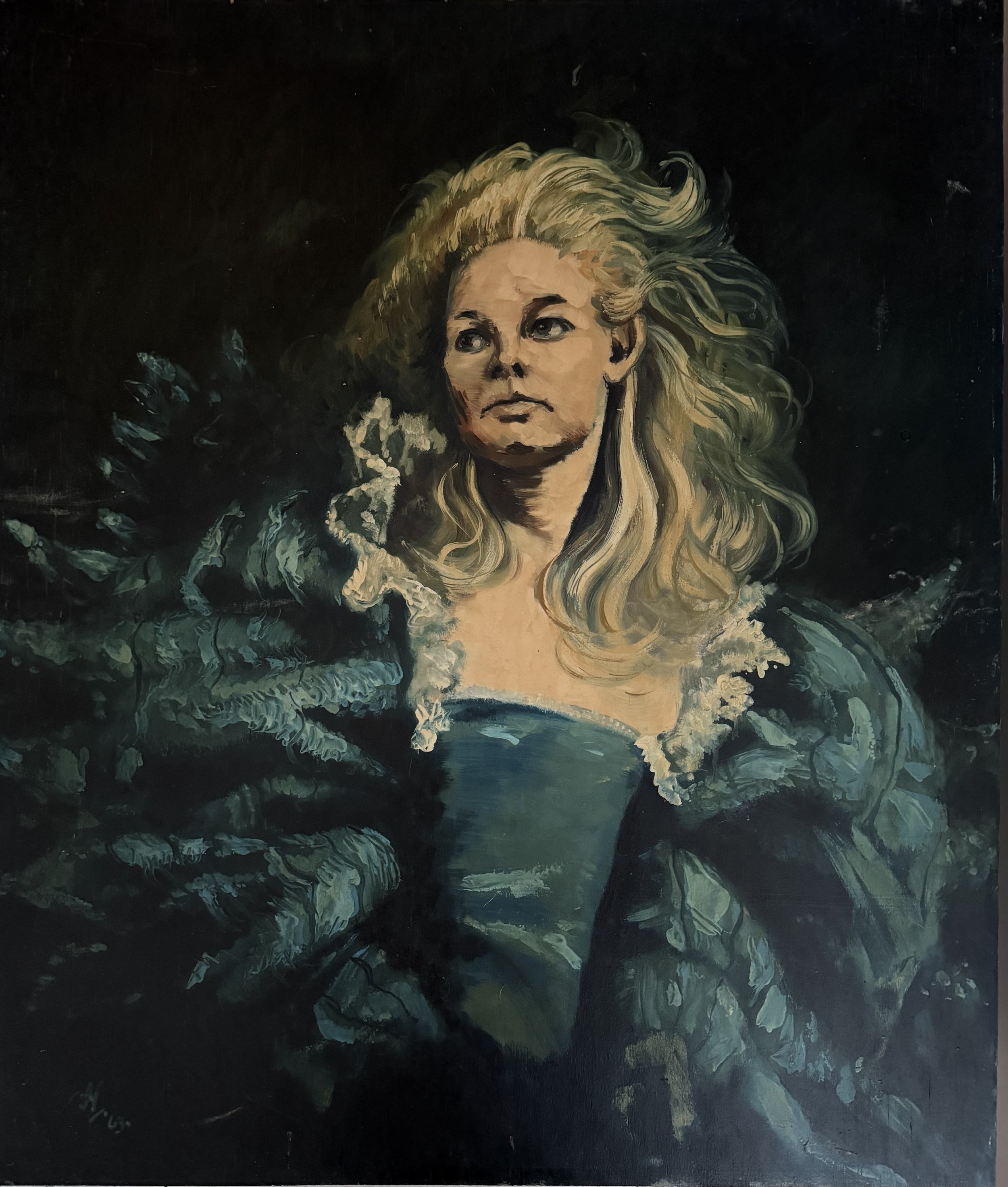 Woman in theatrical dress. Acrylic on wood (27"x32"). 1963