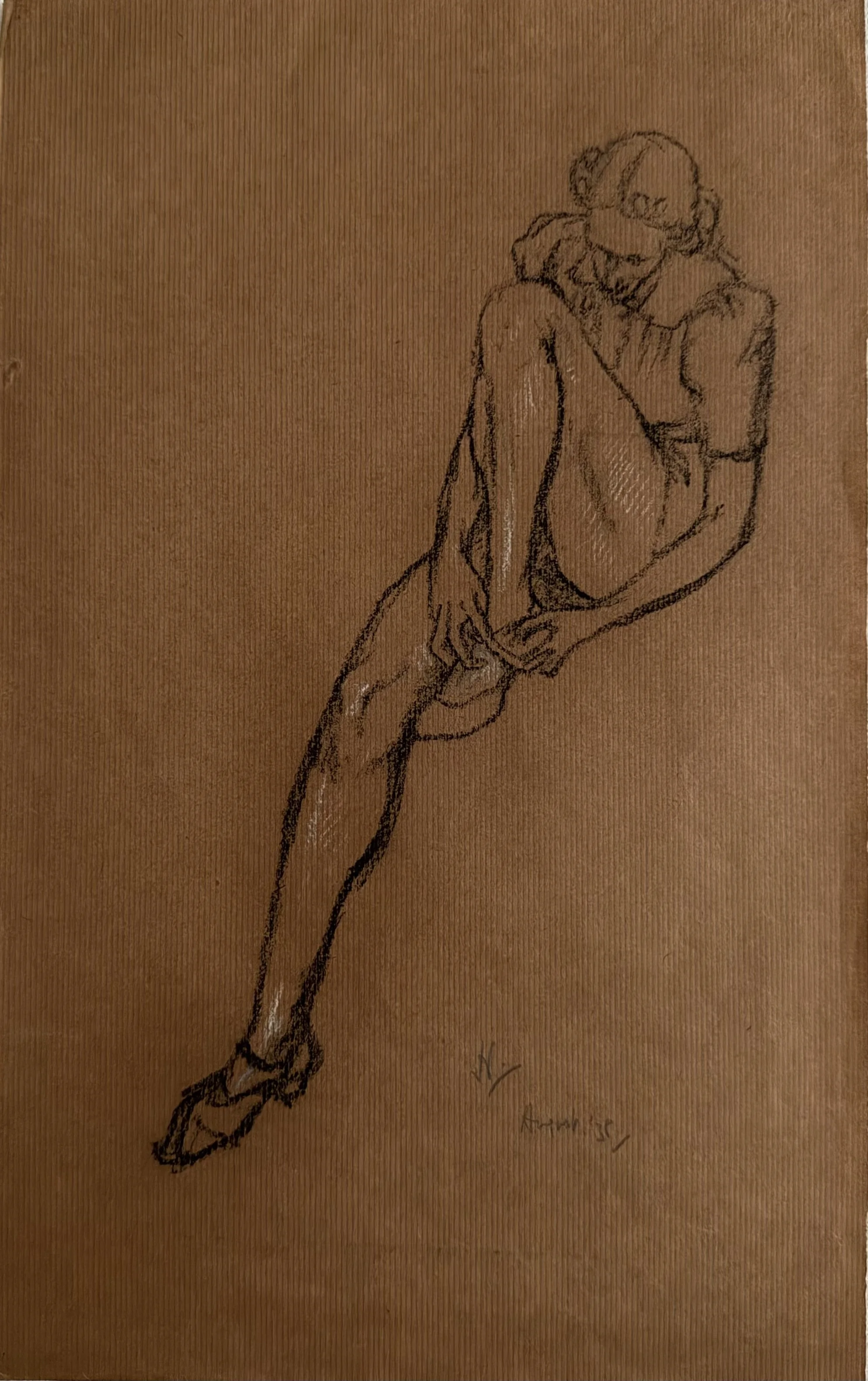 Woman putting on shoes. Charcoal on paper (18"x11.5"). 1938
