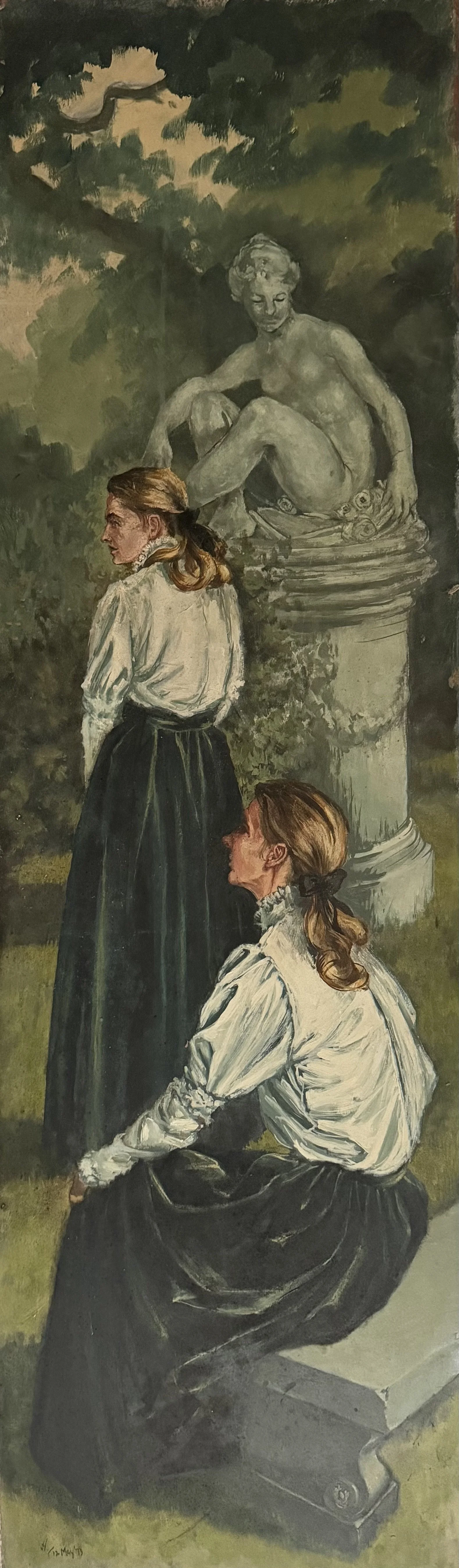 Side #1: Ladies with statue. Acrylic on board (48"x14.5"). 12th May, 1973