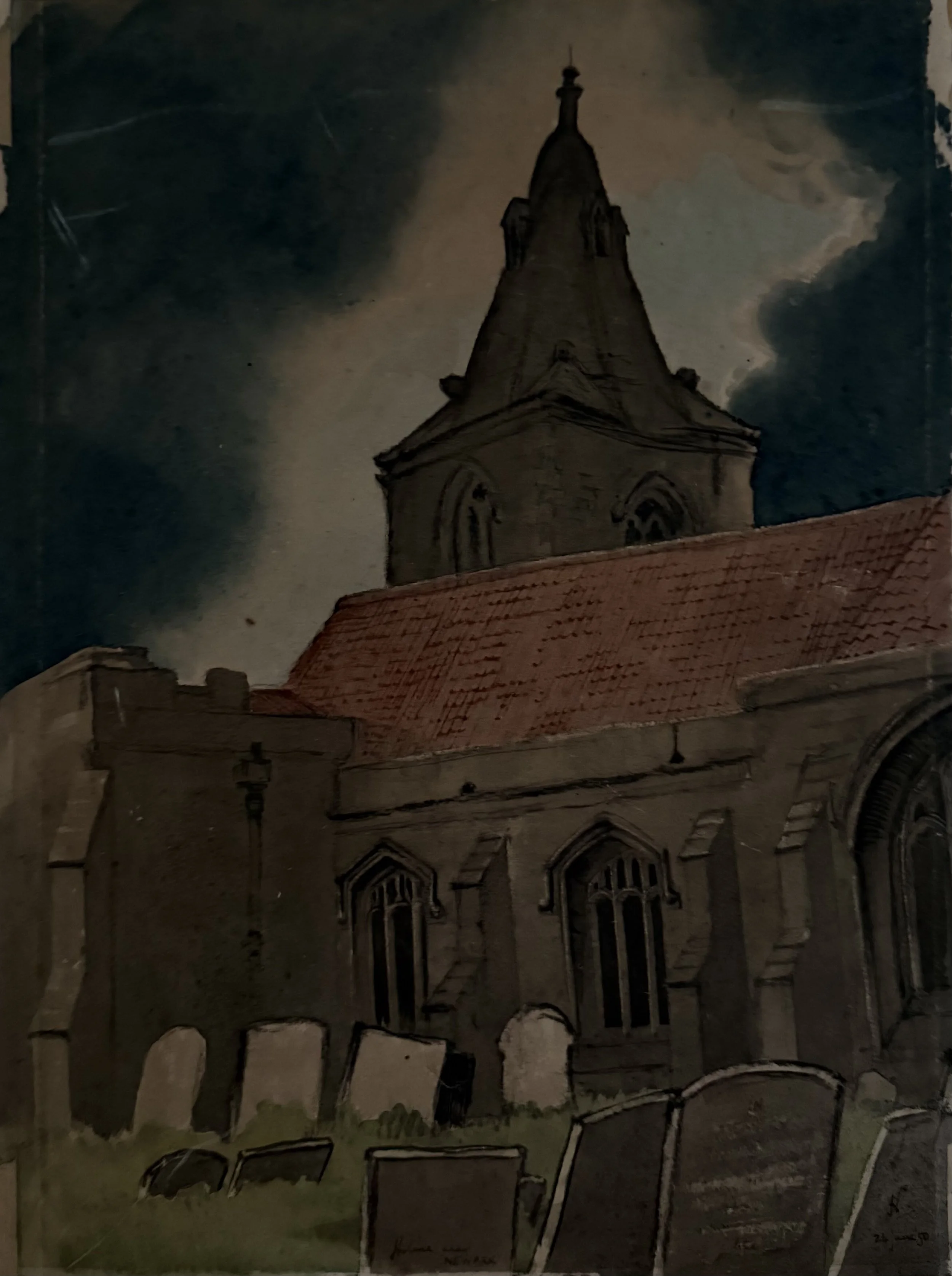 St. Giles' Church, Holme, Notts, England. Watercolour on paper (15"x11.5").
24th June, 1950