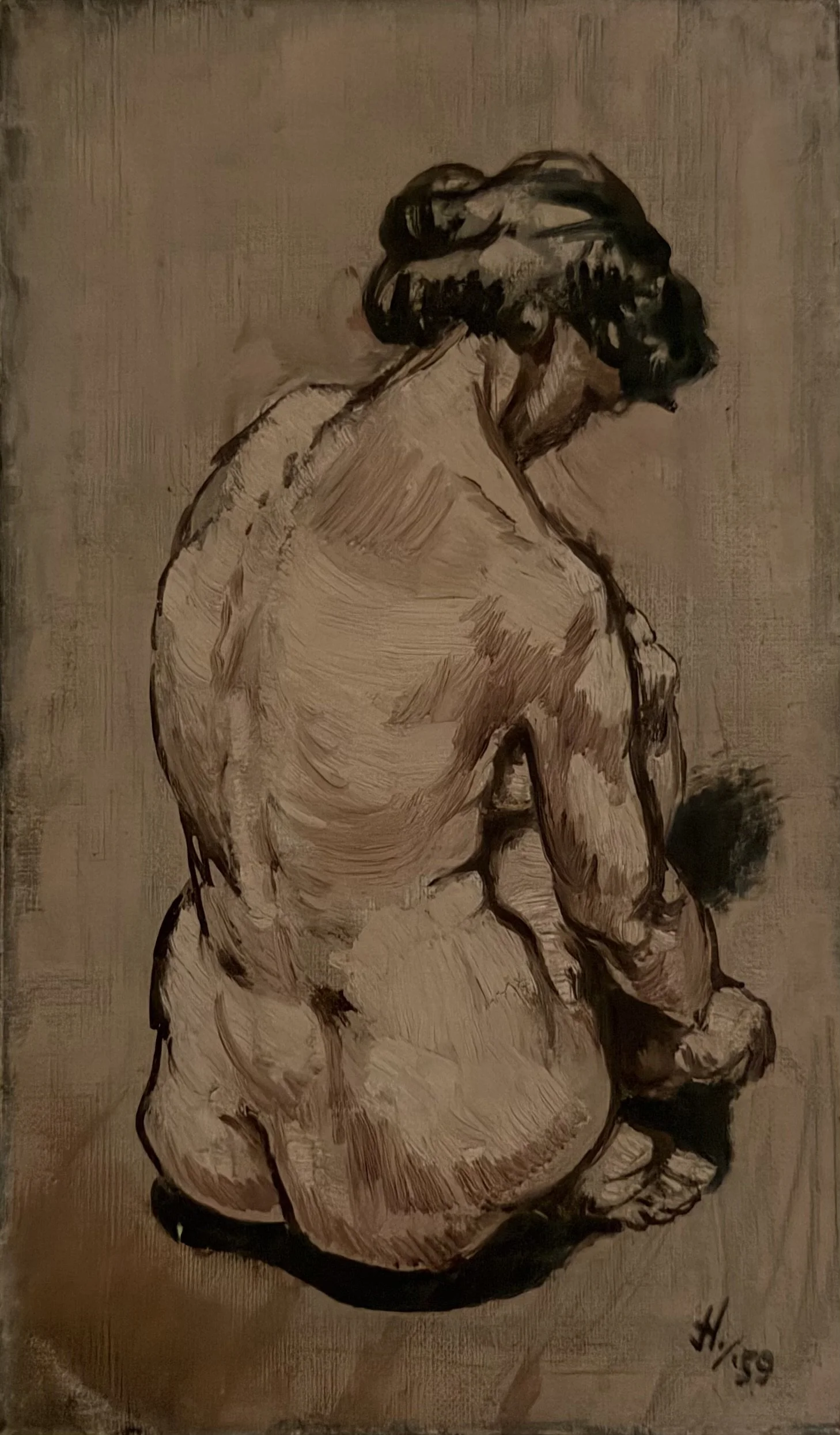 Seated Female Nude, Back Turned. Oil on canvas (10"x6"). 1959

