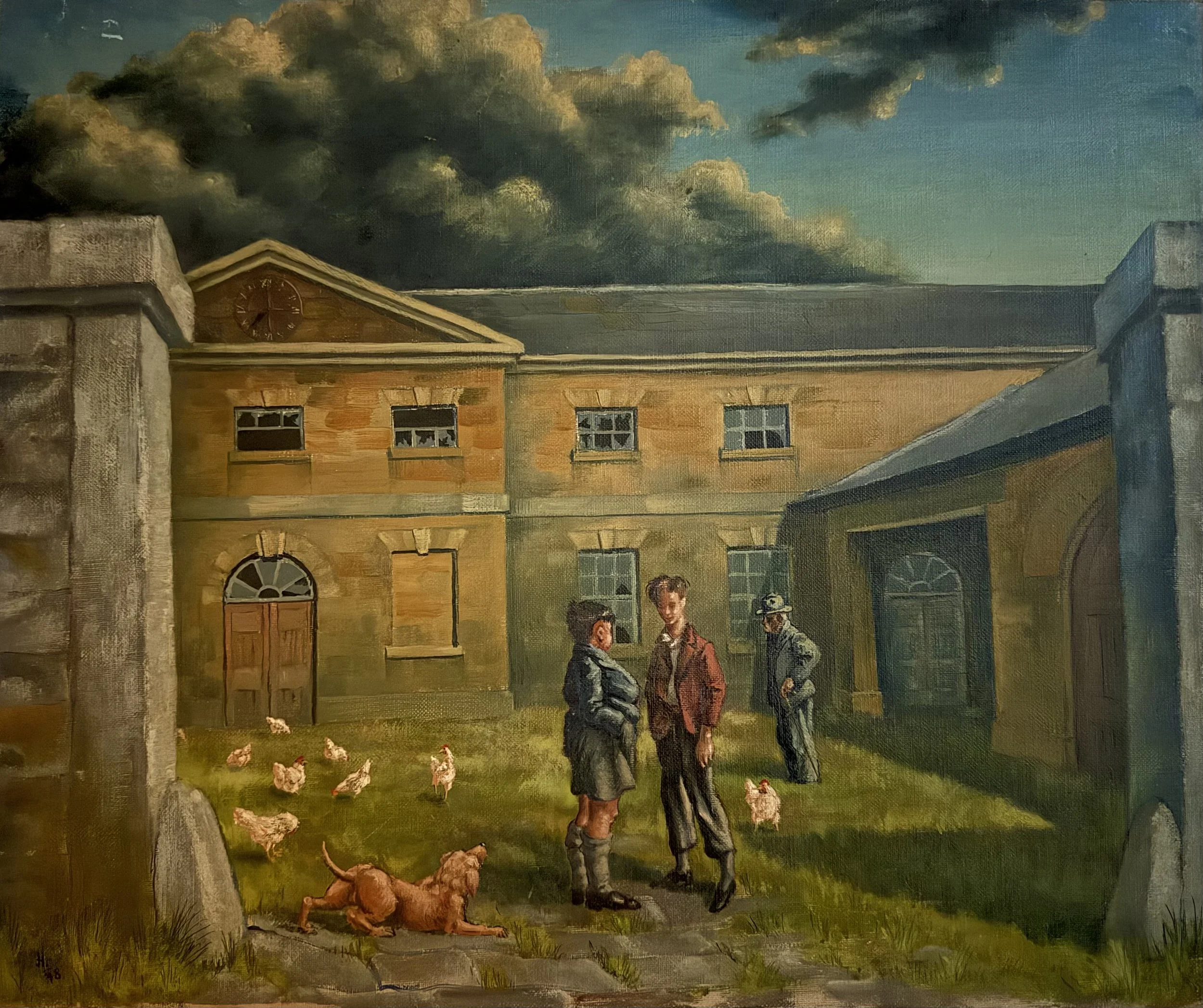 Figures on courtyard. Acrylic on canvas (20"x24"). 1948