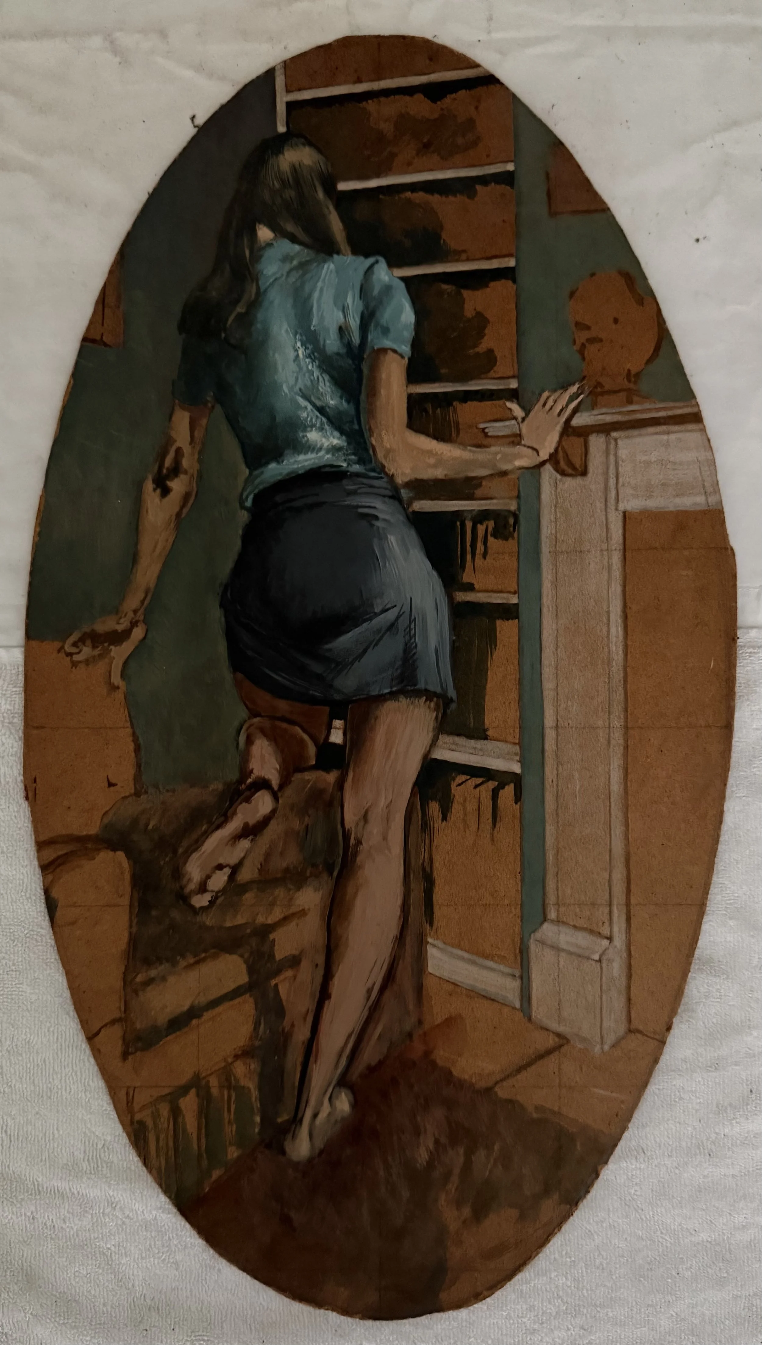 Woman viewing books. Acrylic on board (22"x12"). 1969