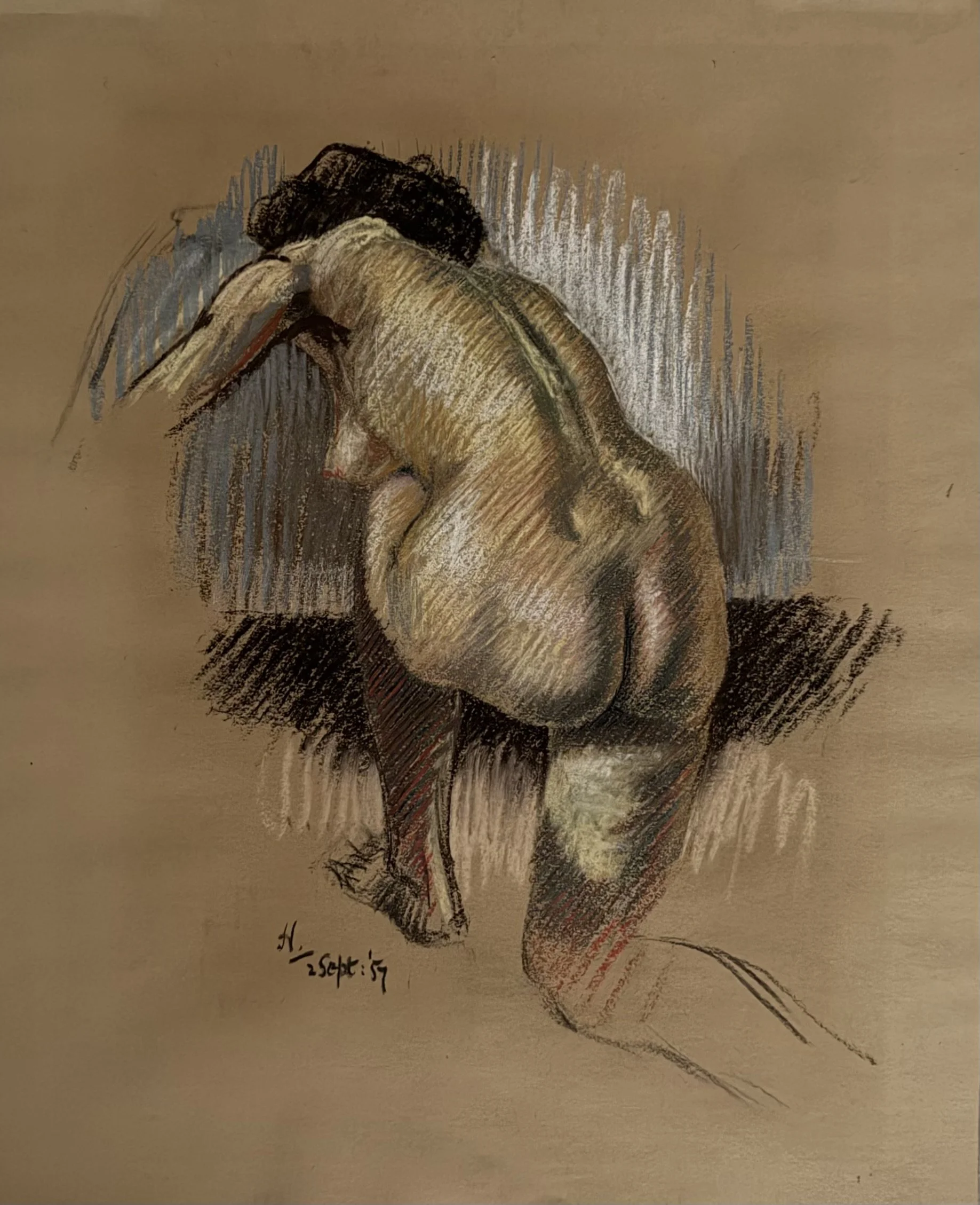 Kneeling female nude. Pastels on paper (17.5"x14"). 2nd September, 1957