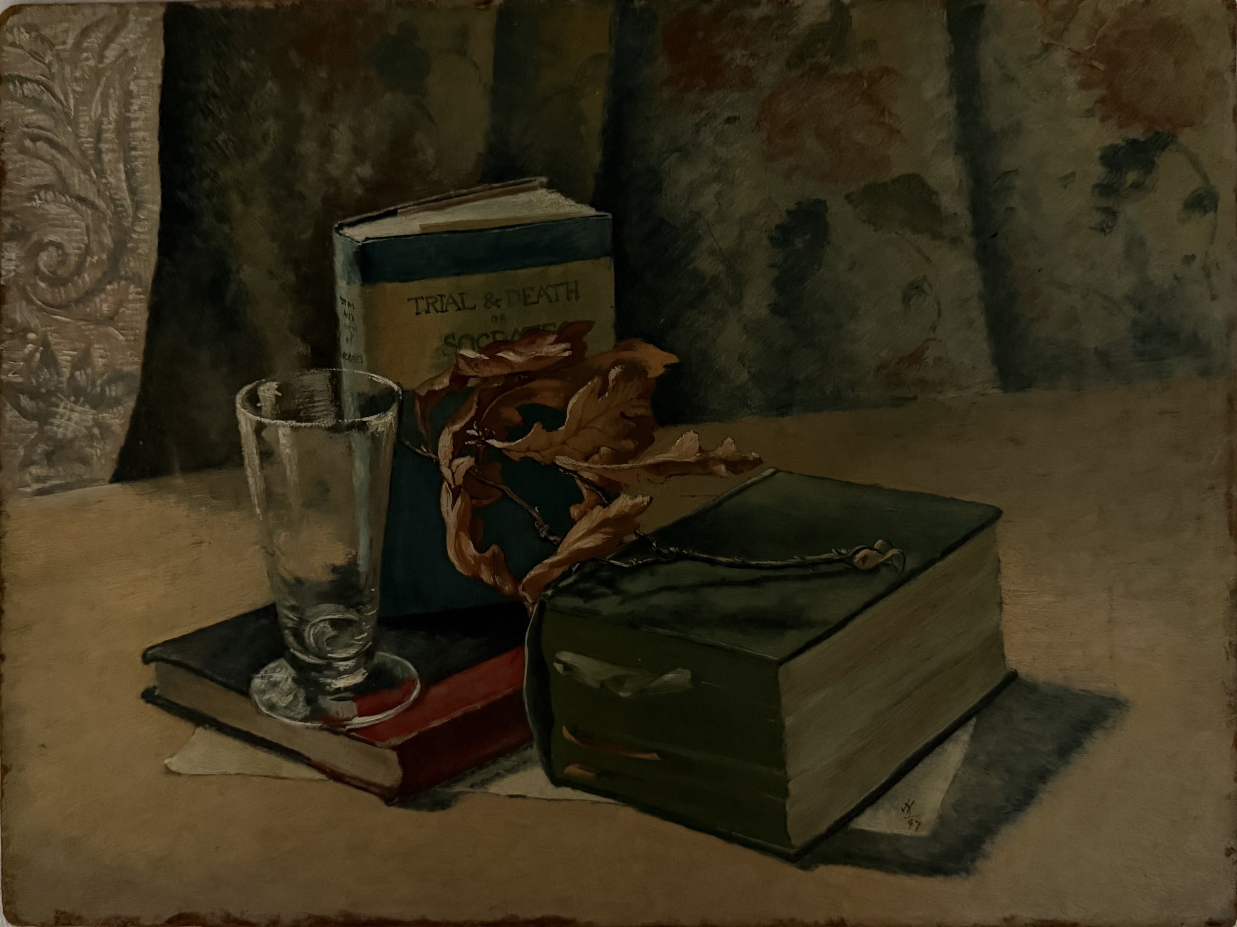 Still life with books & glass. Oil on board (16"x12"). 1947