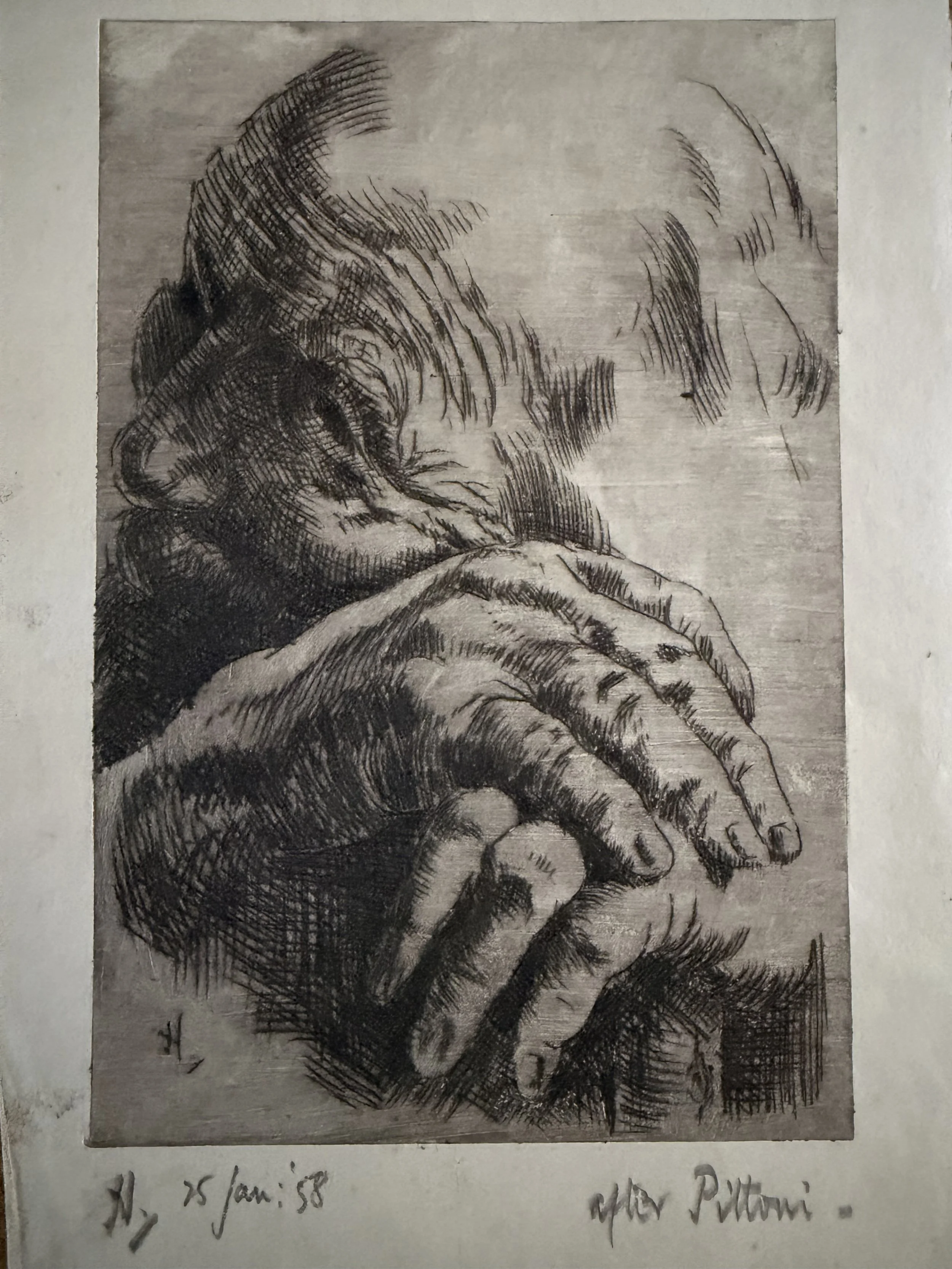 A black and white sketch of a person's hand with detailed lines showing the fingers and knuckles. Harry Hicken. Giambattista Pittoni.
