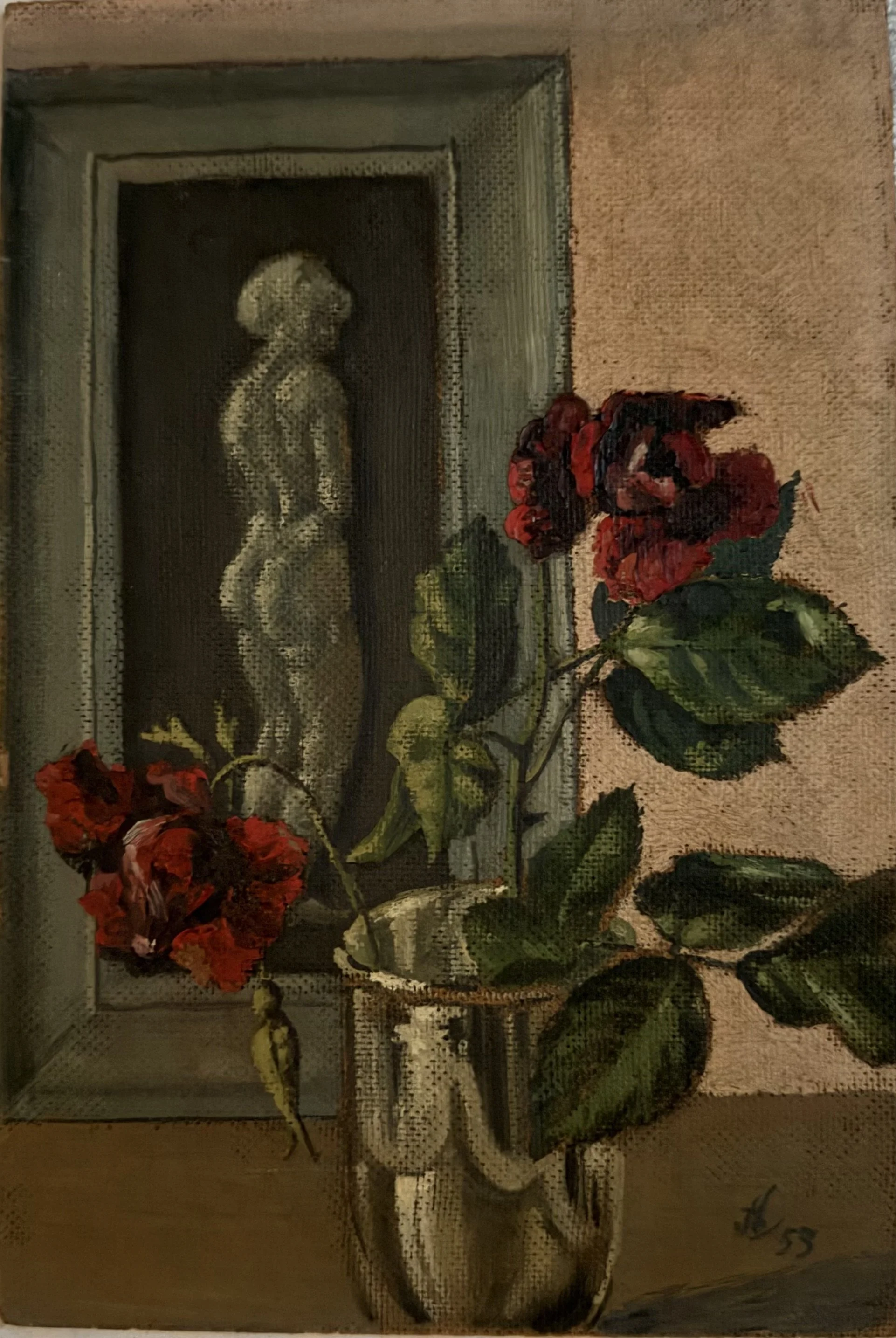 Still life roses. Acrylic on board reverse (10"x7")
1953