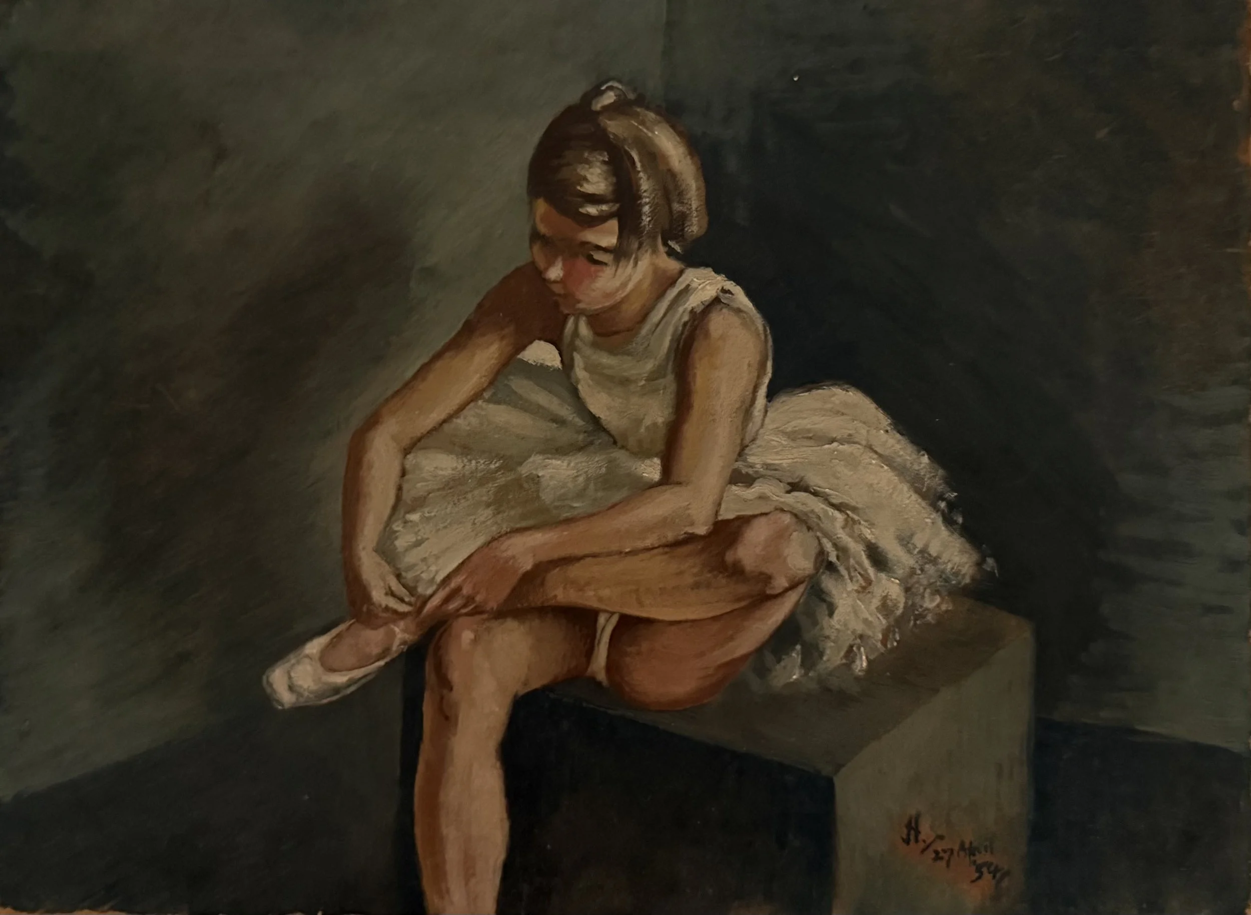 Ballerina tying shoes. Oil on board (9.75"x7.5")
27th April, 1954