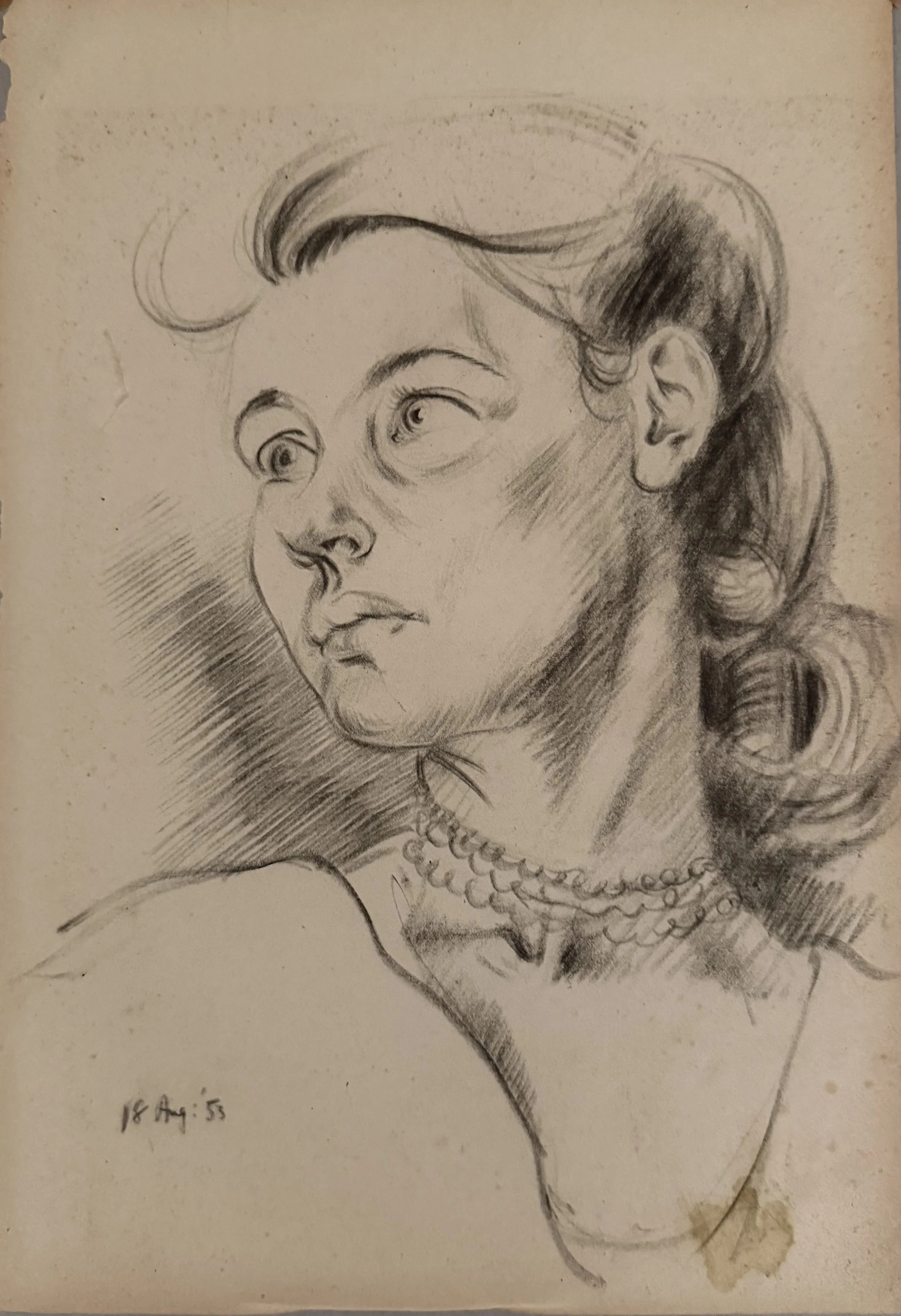 Portrait of a woman. Pencil sketch on paper (15"x10"). 18th August, 1953