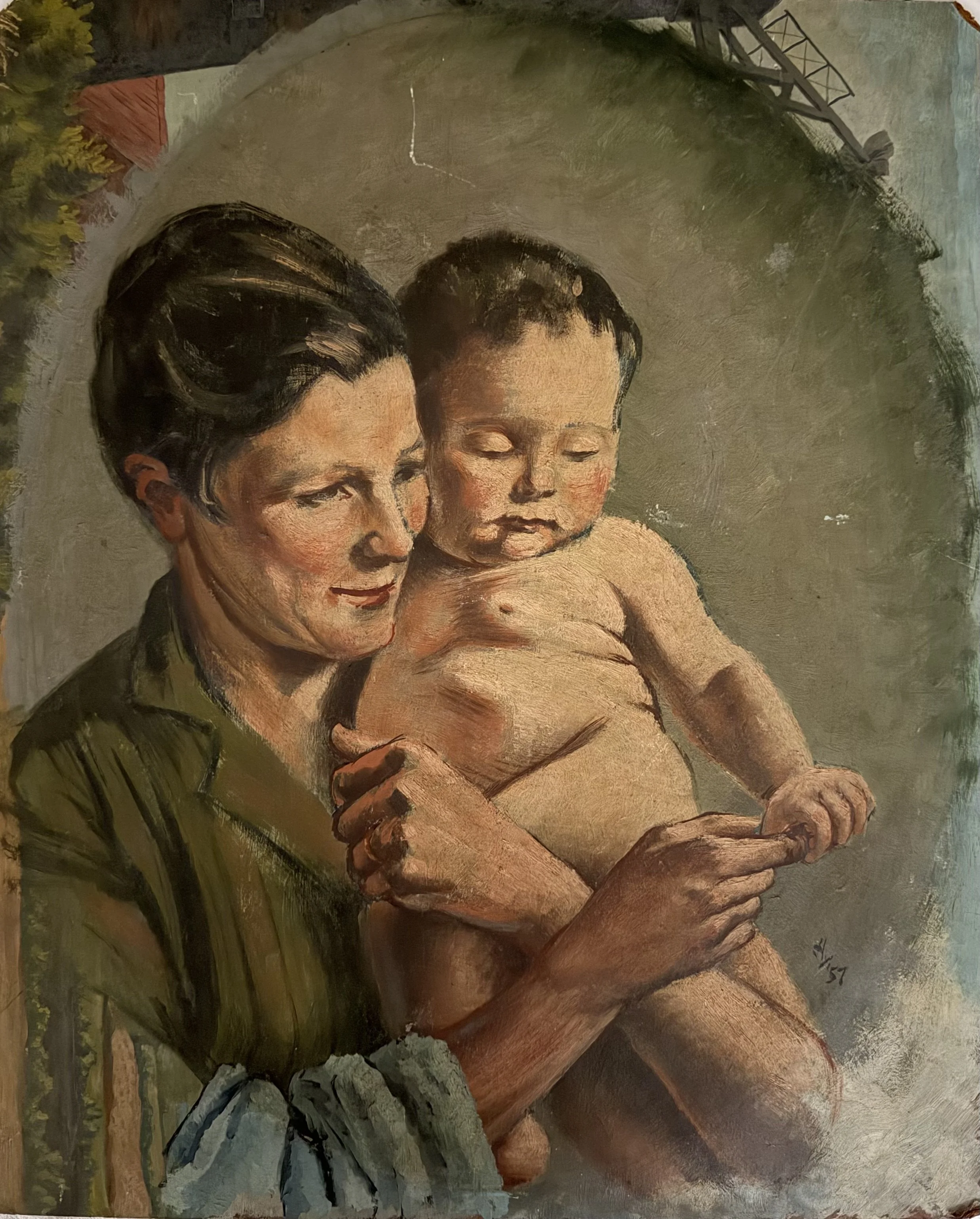 Mother with child (painted over rural scene with windmill). Oil on board (24"x19.75"). 1957