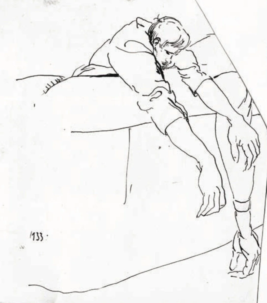 Line drawing of a young man resting on a bed with his arms hanging over the side, looking down.