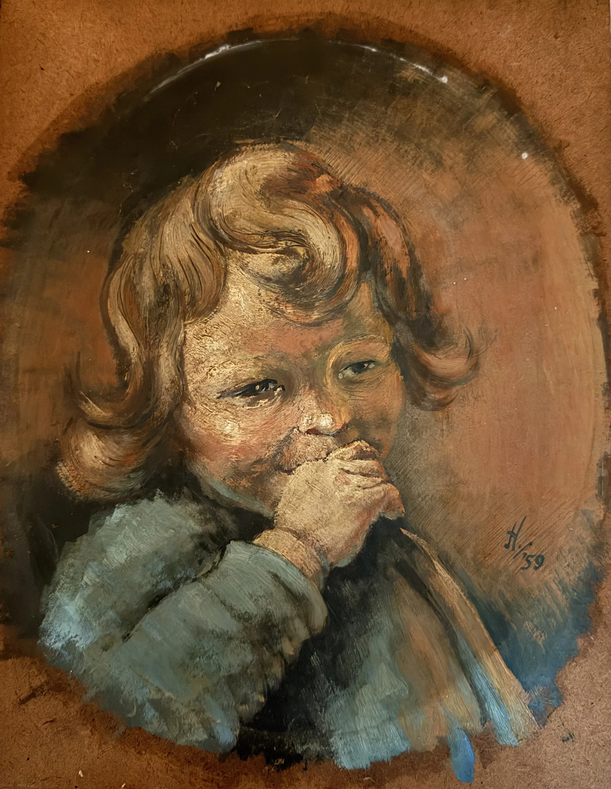 Small child sucking thumb. Acrylic on board (14"x11"). 1959