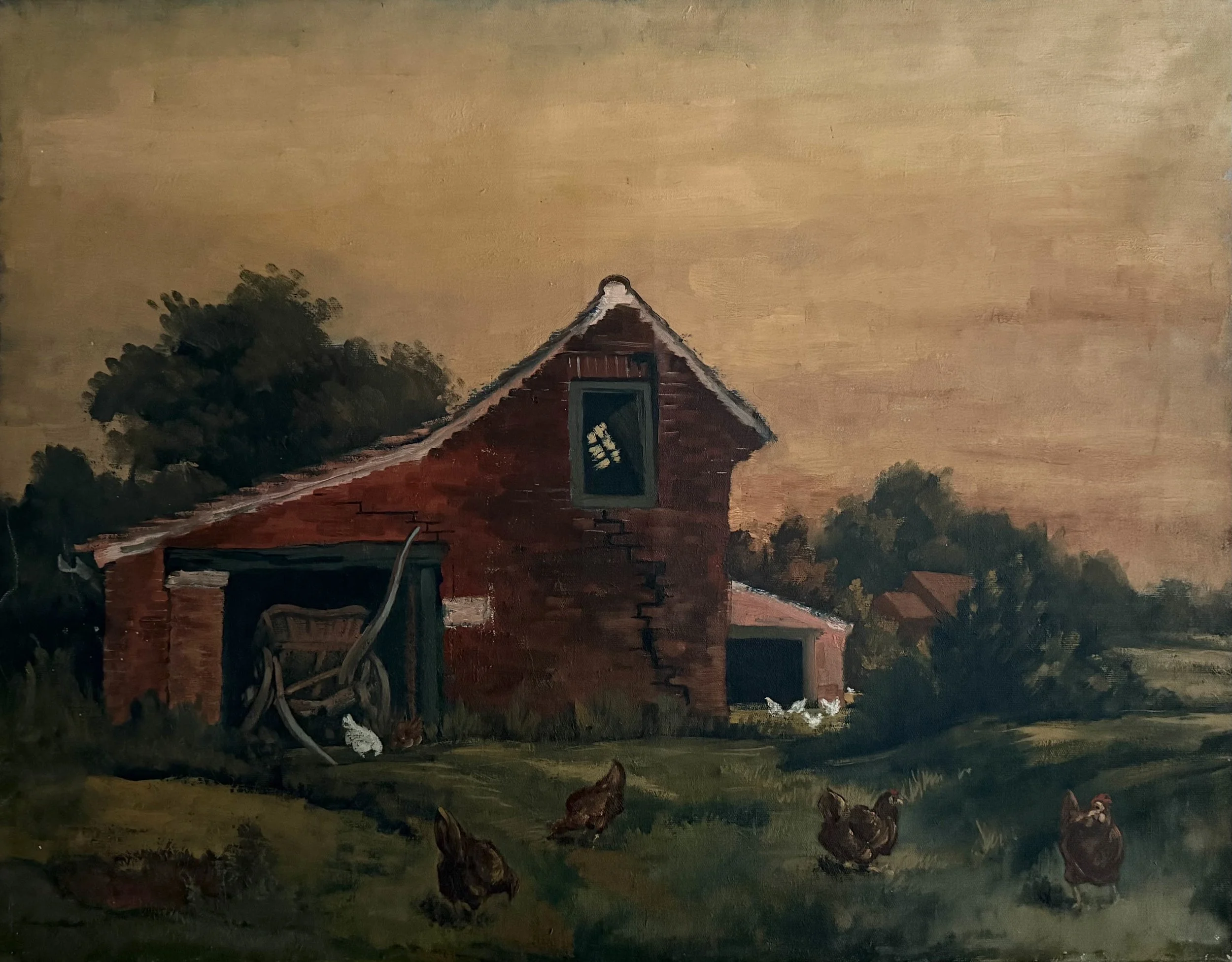Farmyard with chickens. Oil on canvas (36"x28"). 1960