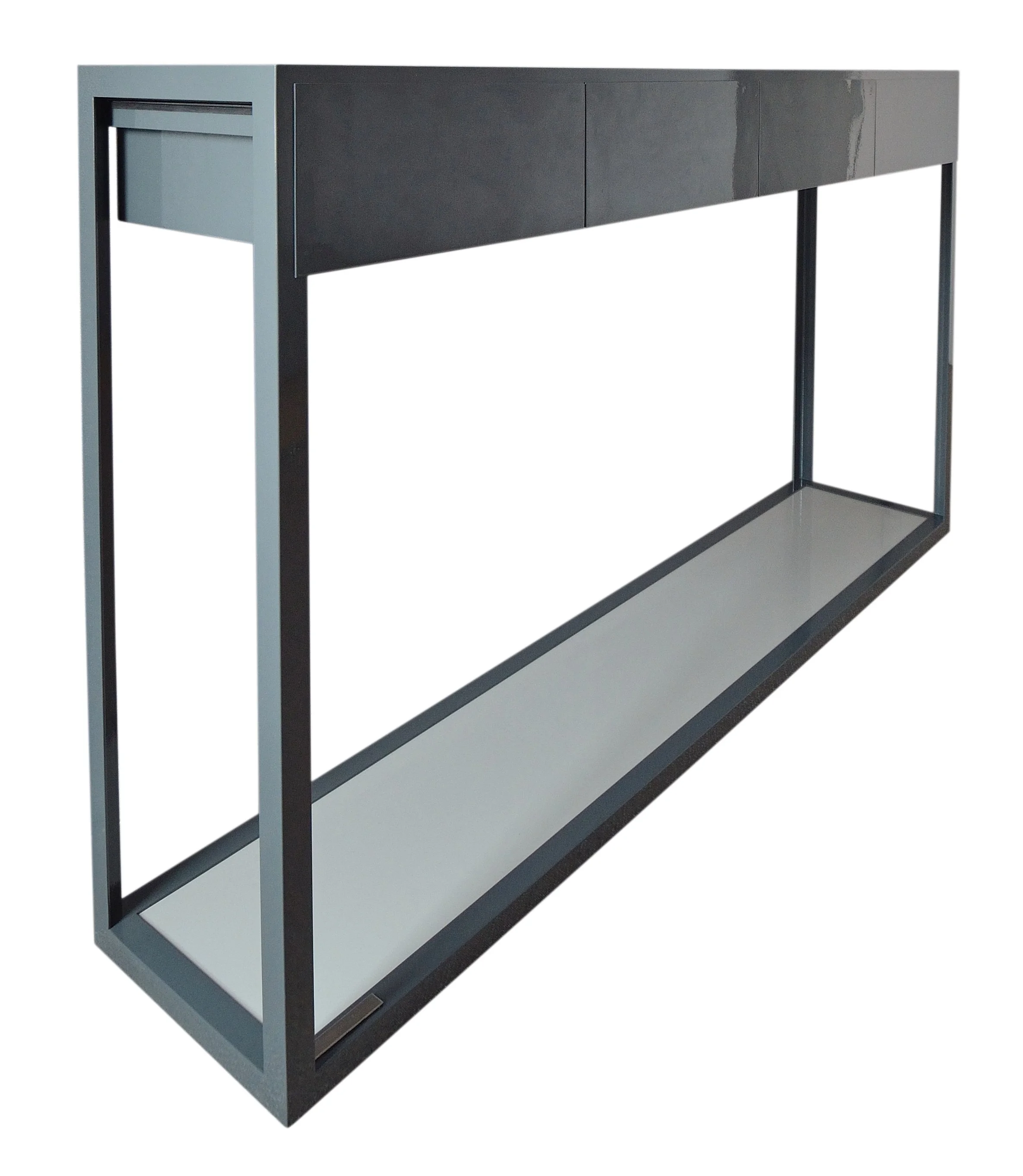 Un meuble de rangement moderne avec une finition noire et des pieds en métal.