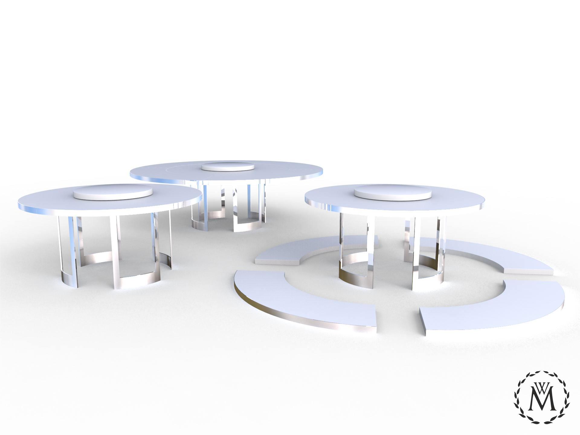 Une scène futuriste avec plusieurs tables blanches circulaires et des structures métalliques élégantes, dans un style moderne et épuré.