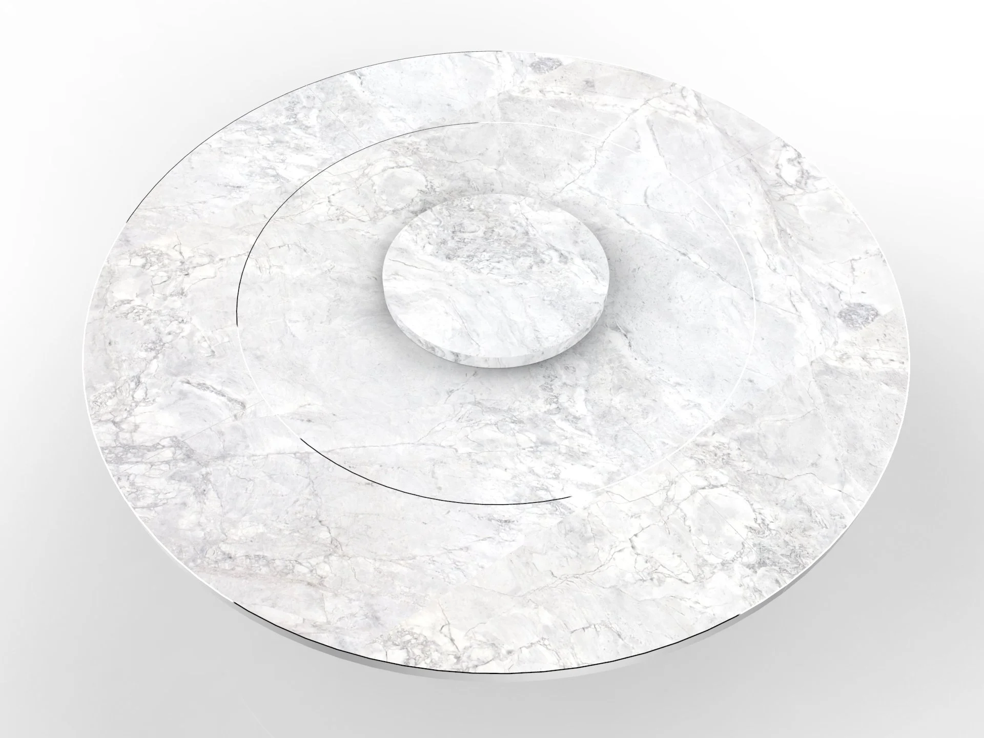 Table ronde en marbre blanc avec deux niveaux, placée dans un espace blanc et minimaliste.