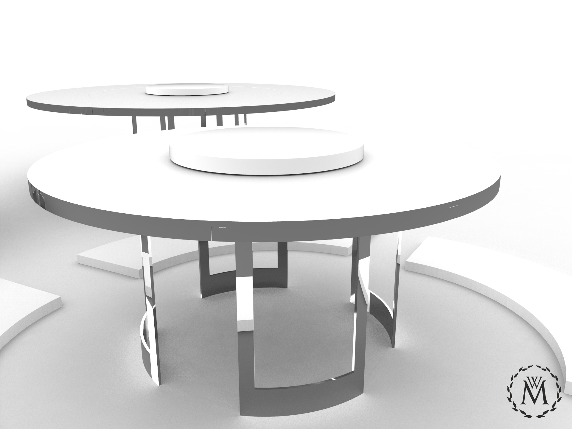Une image de plusieurs plateformes géantes arrondies, superposées, en blanc, avec des structures de soutien dessous, dans un style minimaliste et moderne, sans décor supplémentaire.