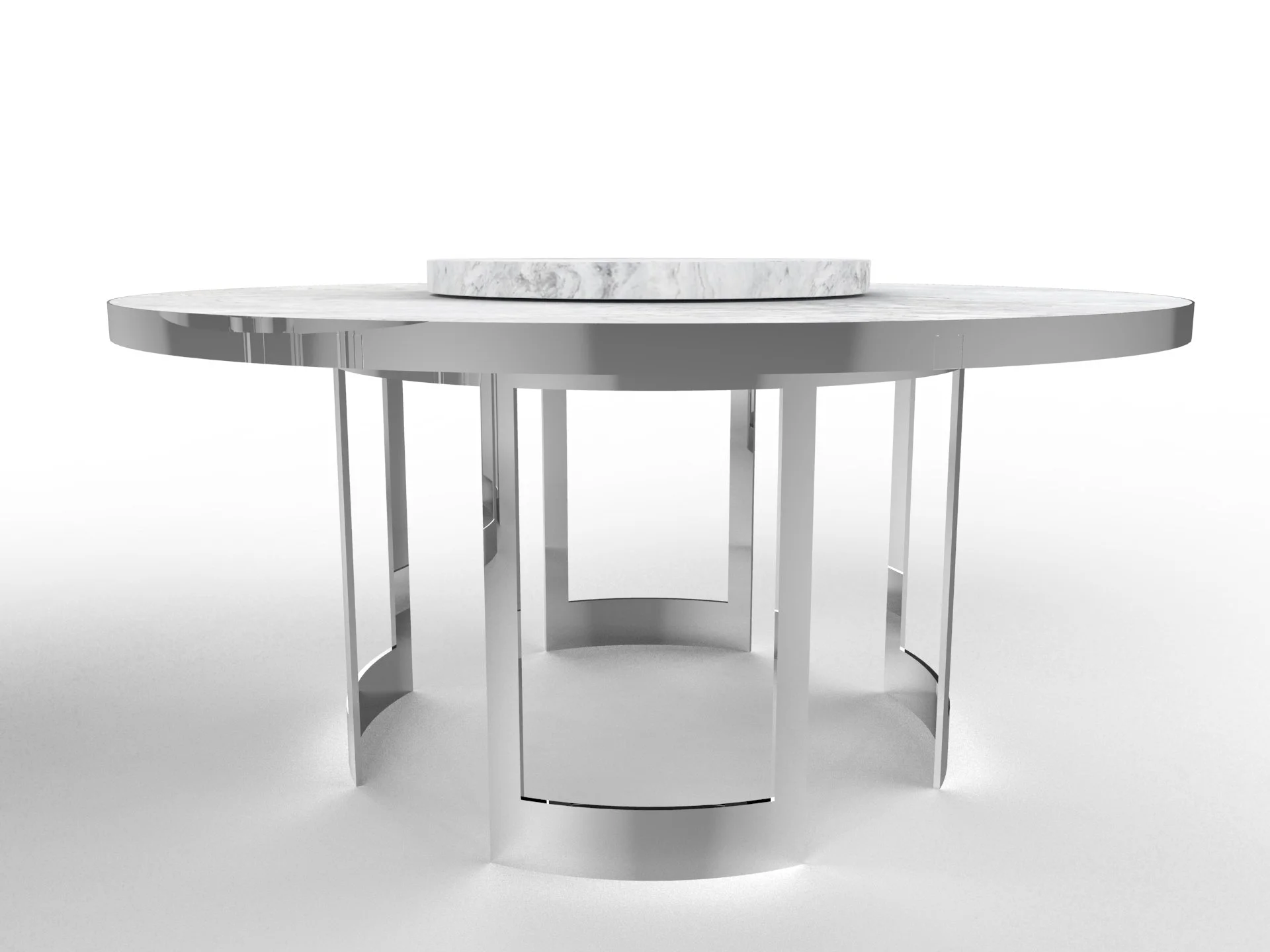 Table basse rectangulaire avec plateau en marbre blanc et structure en métal argenté.