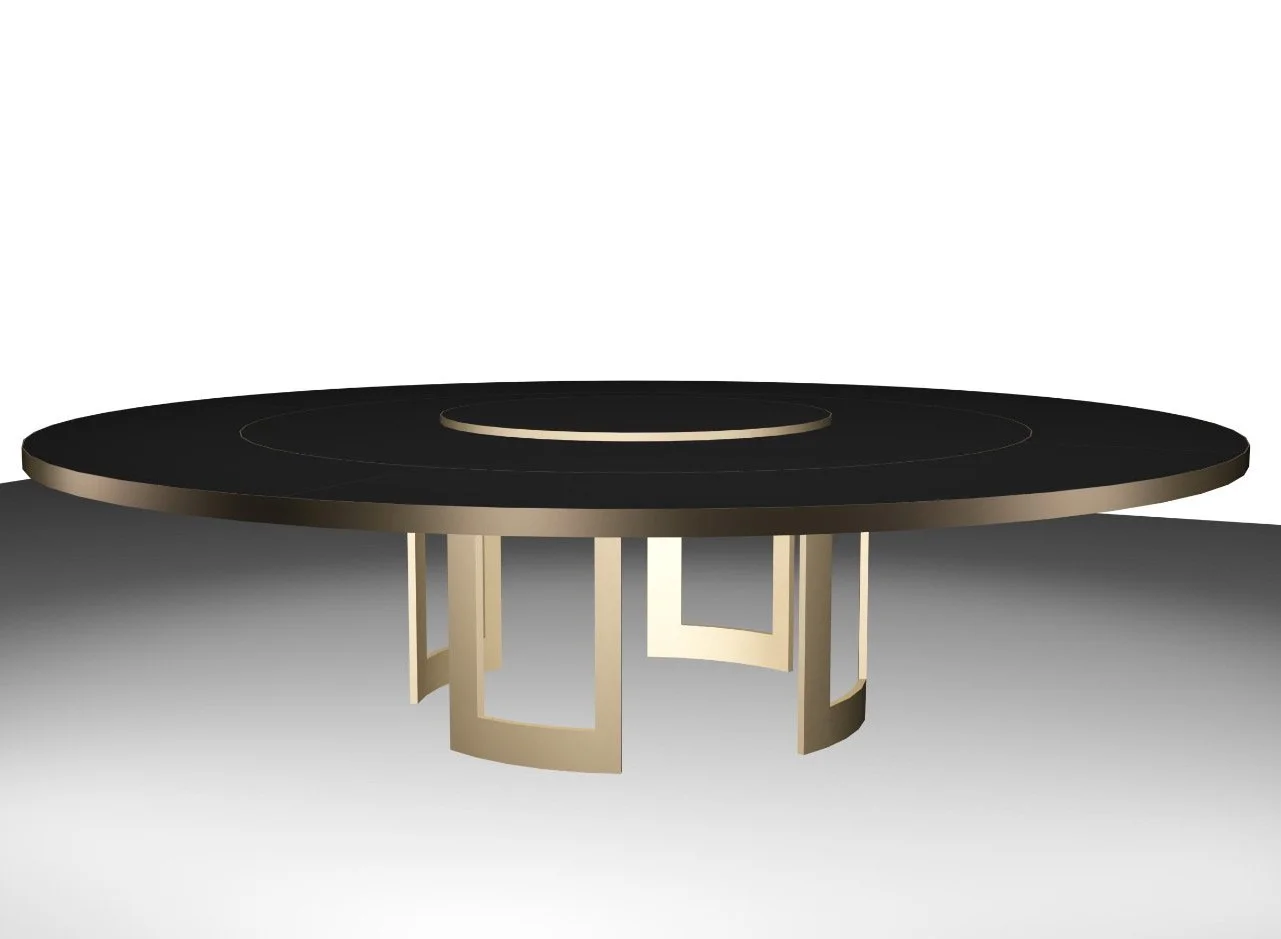 Table basse moderne ronde avec une surface noire et un cadre en métal doré.