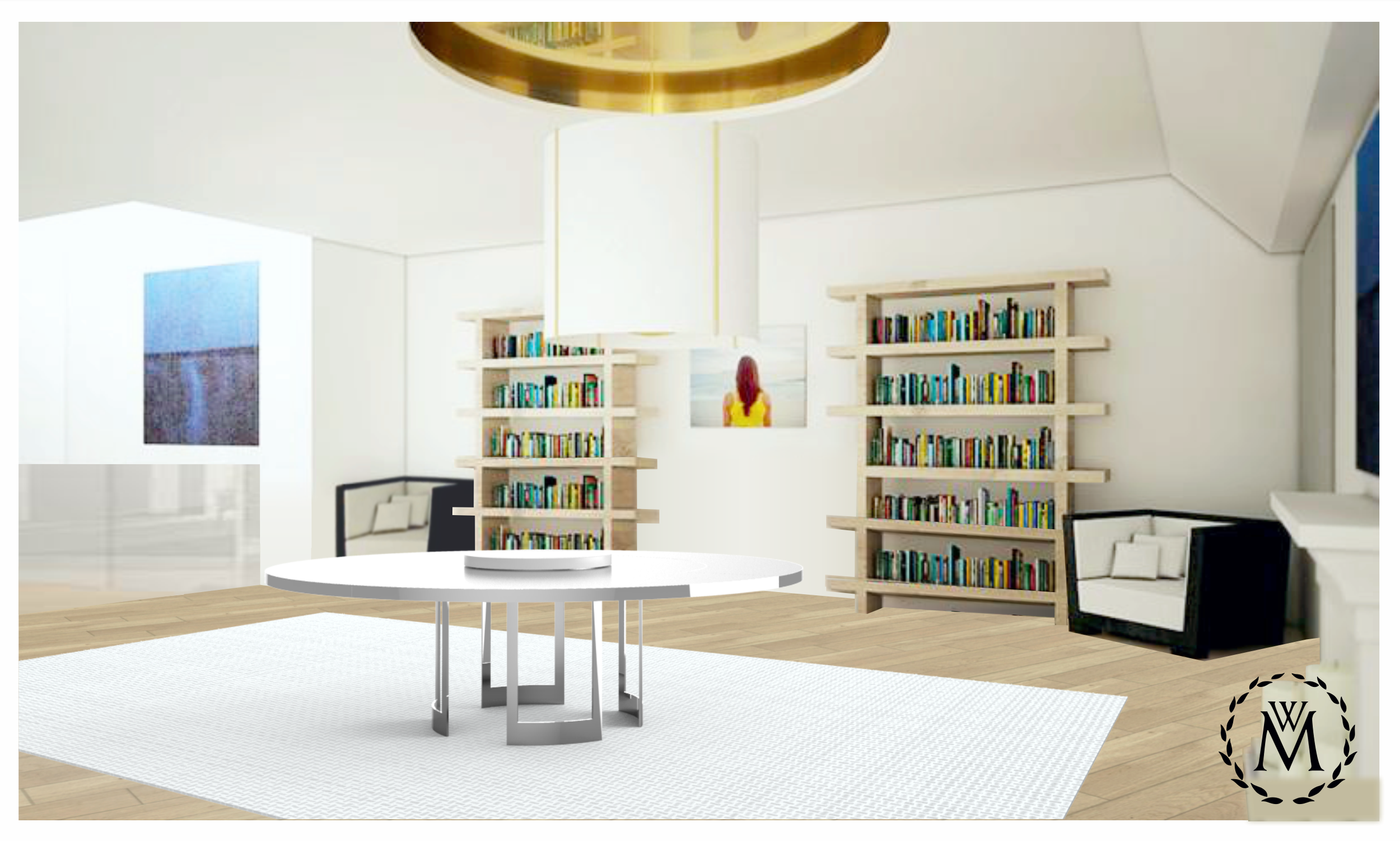 Salon avec livres sur étagères en bois, un canapé noir avec coussins blancs, une table ronde blanche, un tapis blanc, et peinture sur le mur. Luminosité naturelle avec lumière douce.