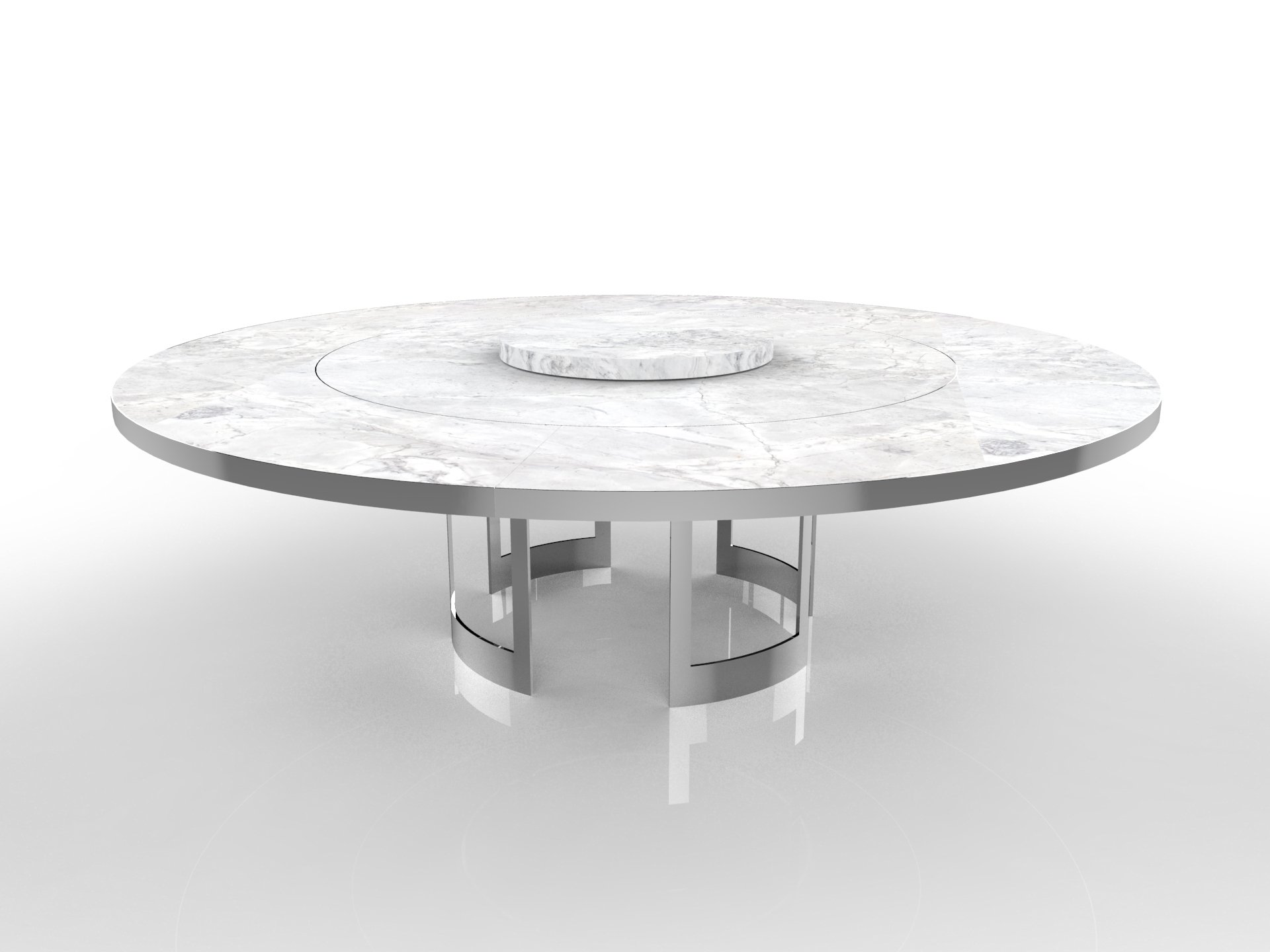 Table ronde en marbre blanc avec un petit socle en son centre, avec une structure métallique sous le plateau, sur fond blanc.