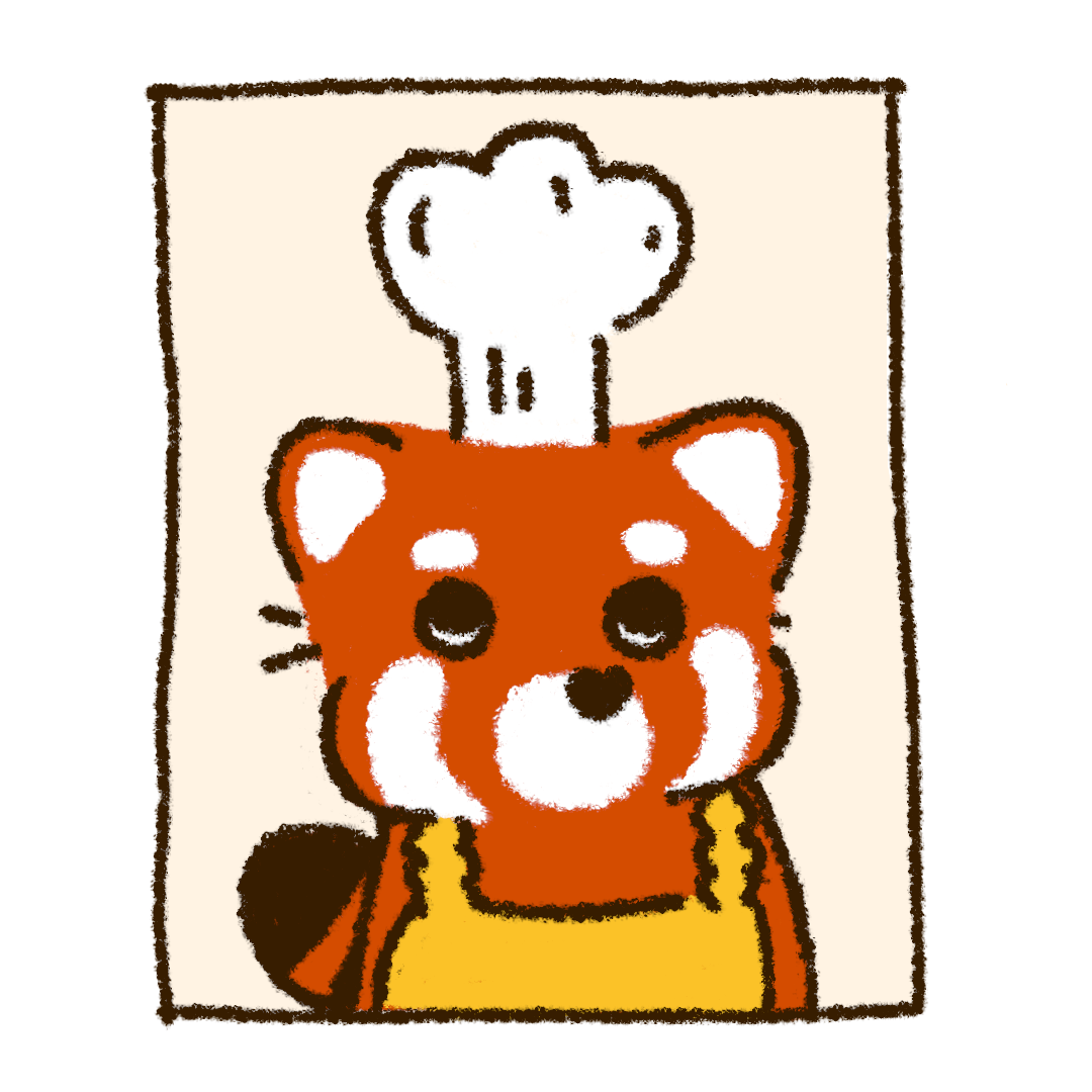 A cute cartoon red fox wearing a yellow apron with a chef's hat on its head.