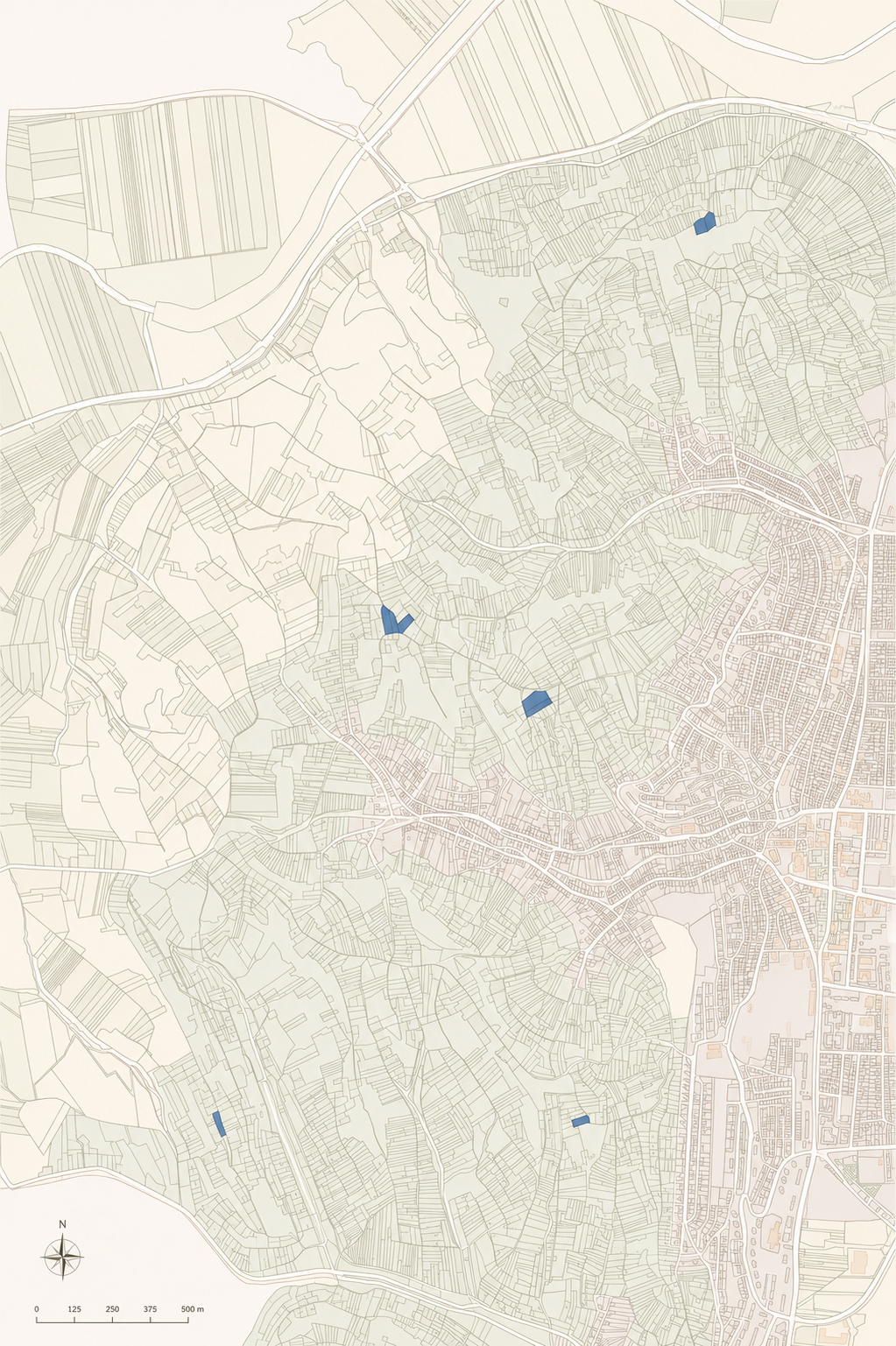 A detailed map of a Szekszárd Wine Region with LABORWINERY plots highlighted with light blue colors from north to south