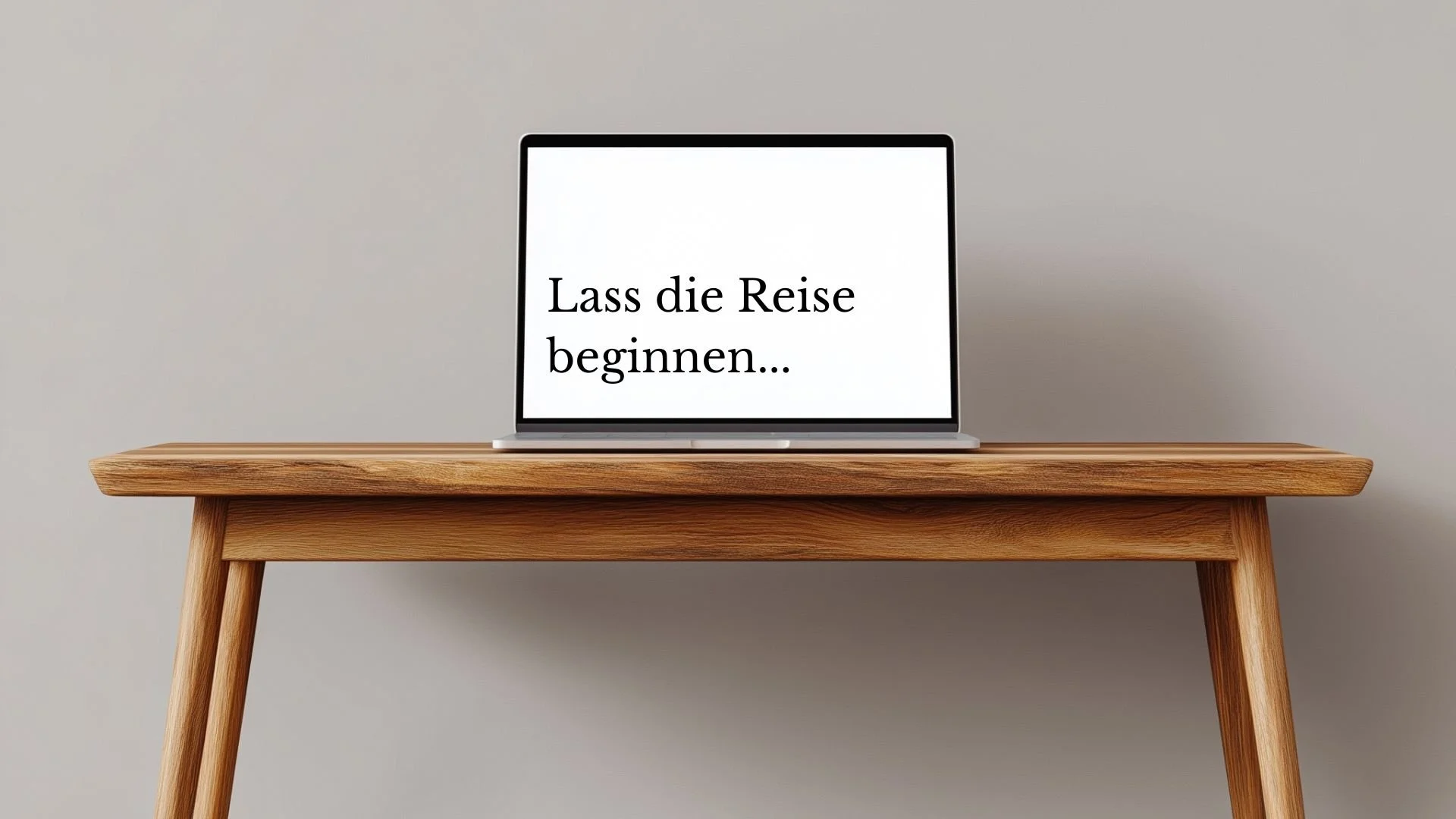 Ein Laptop auf einem Holztisch mit dem Text 'Lass die Reise beginnen...' auf dem Bildschirm.